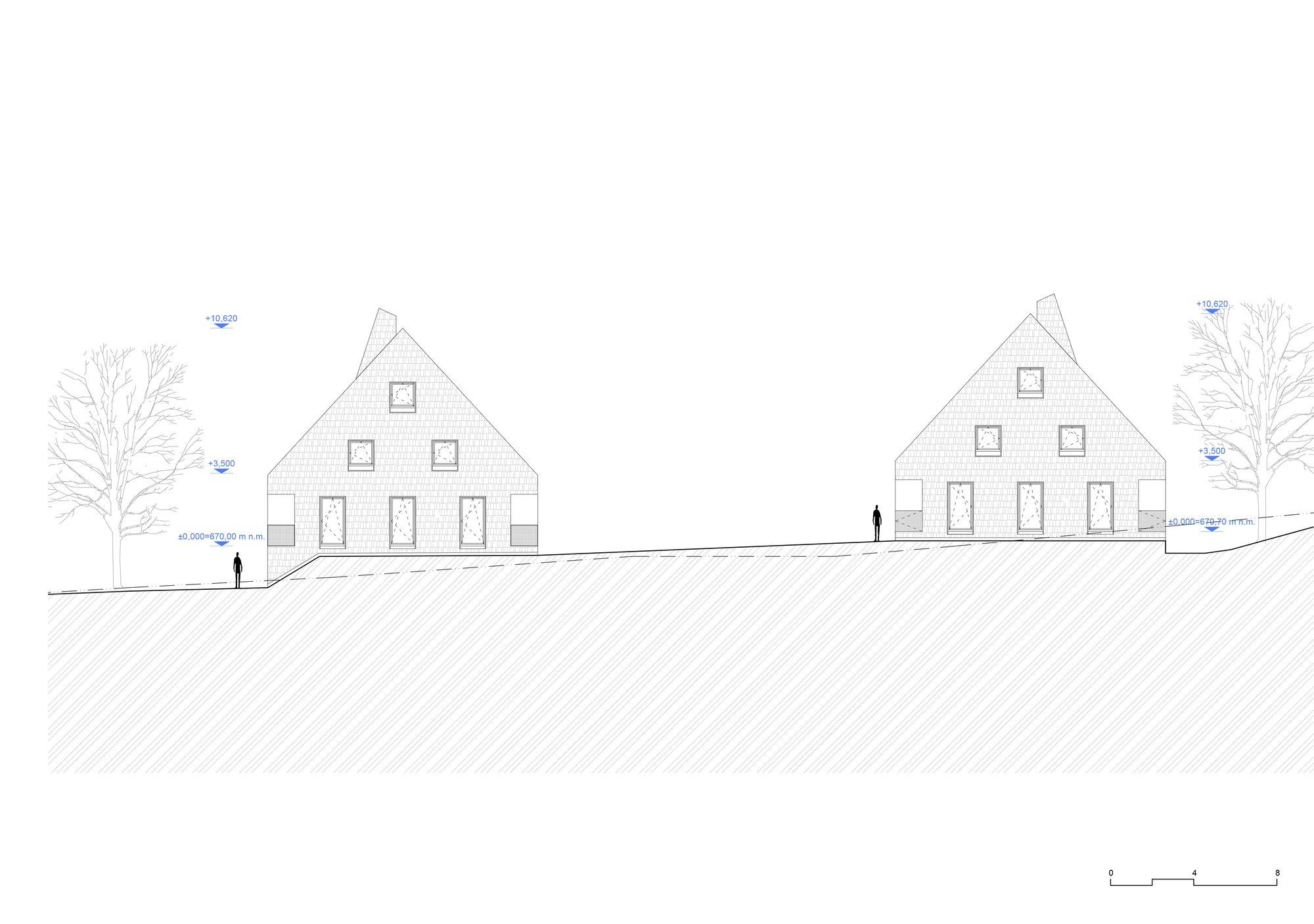 Elevation drawing showing two gabled buildings with bare trees and figures on a sloping ground plane