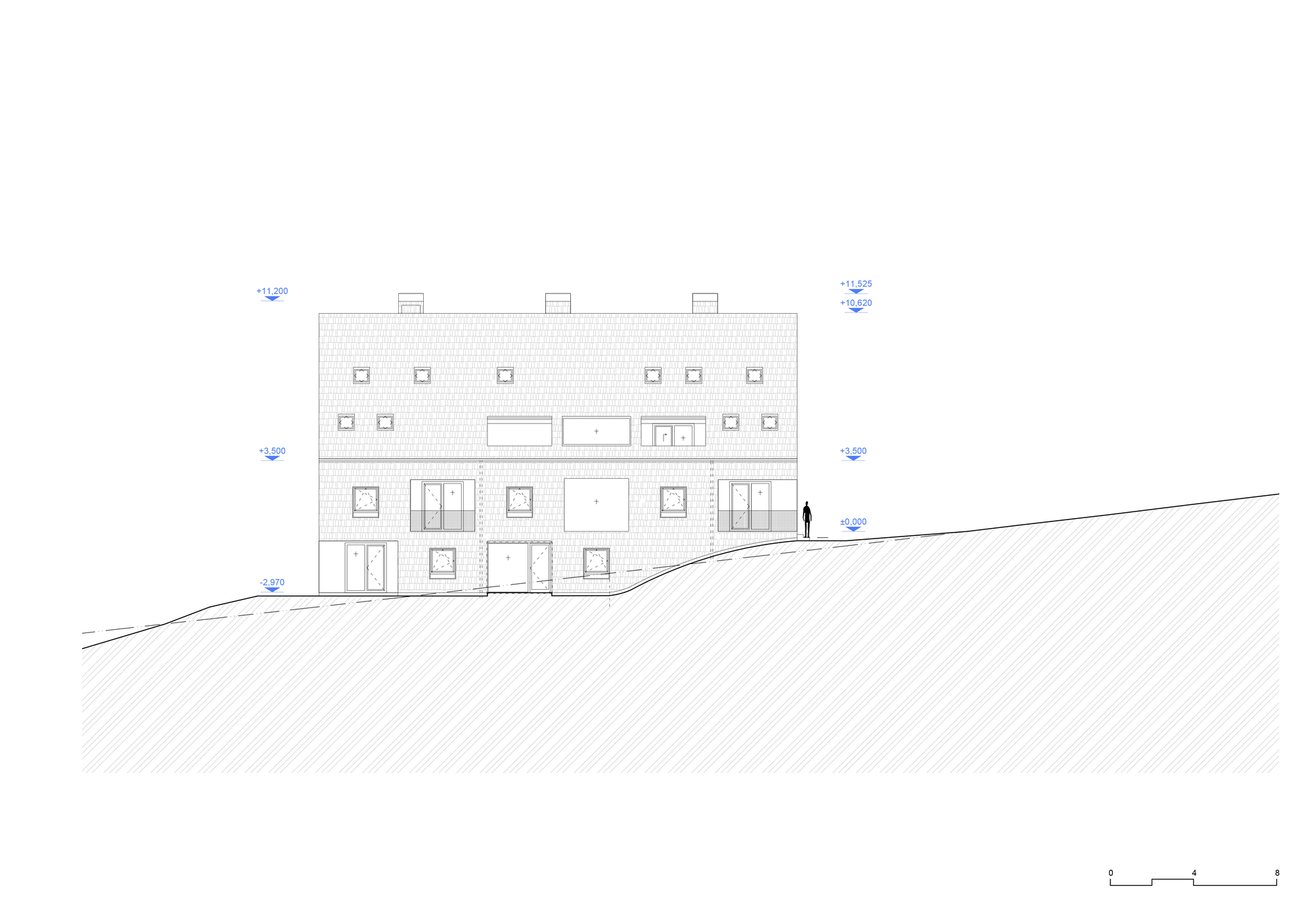 Elevation drawing of the rear facade with symmetrical window openings and a figure for scale