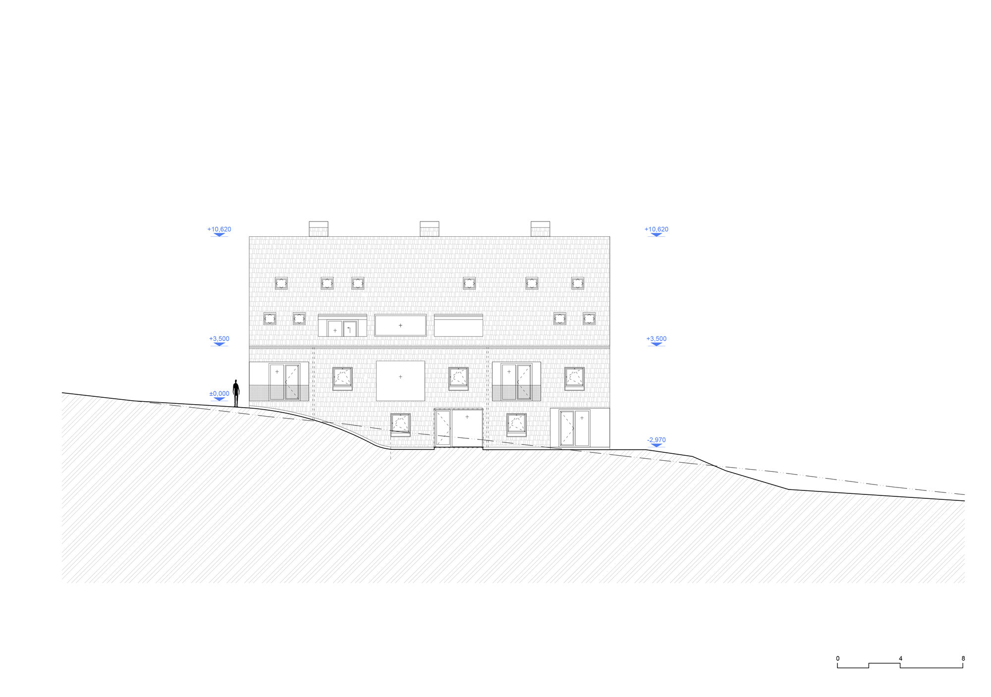 Elevation drawing depicting the side facade with regularly spaced windows on the hillside