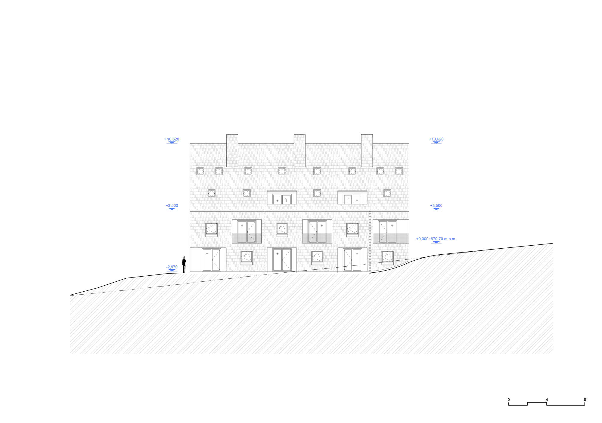 Elevation drawing showing the front facade with six ground-floor entrances and dormer windows above