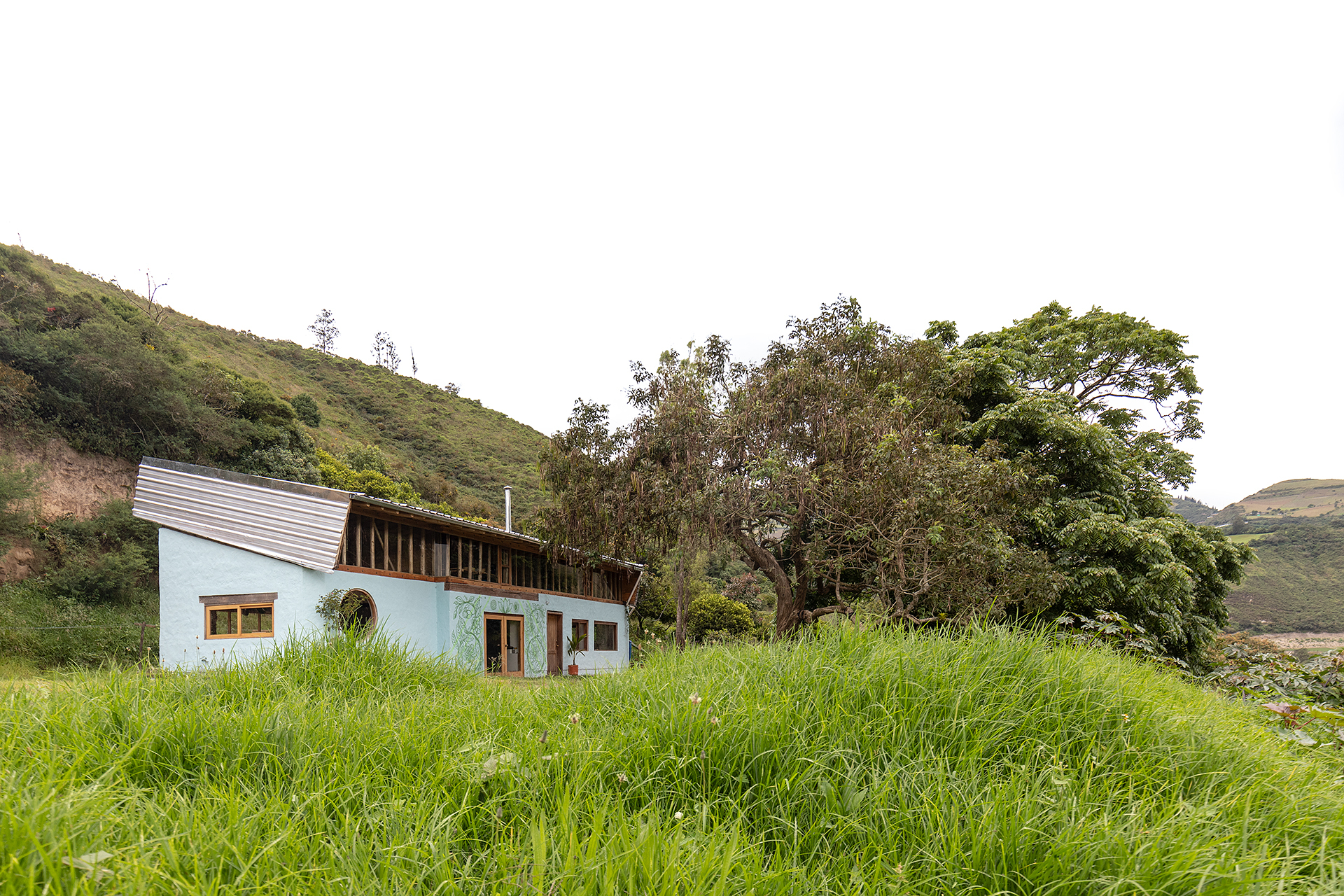 White-painted house with corrugated metal roof nestled into grassy hillside beneath mature trees