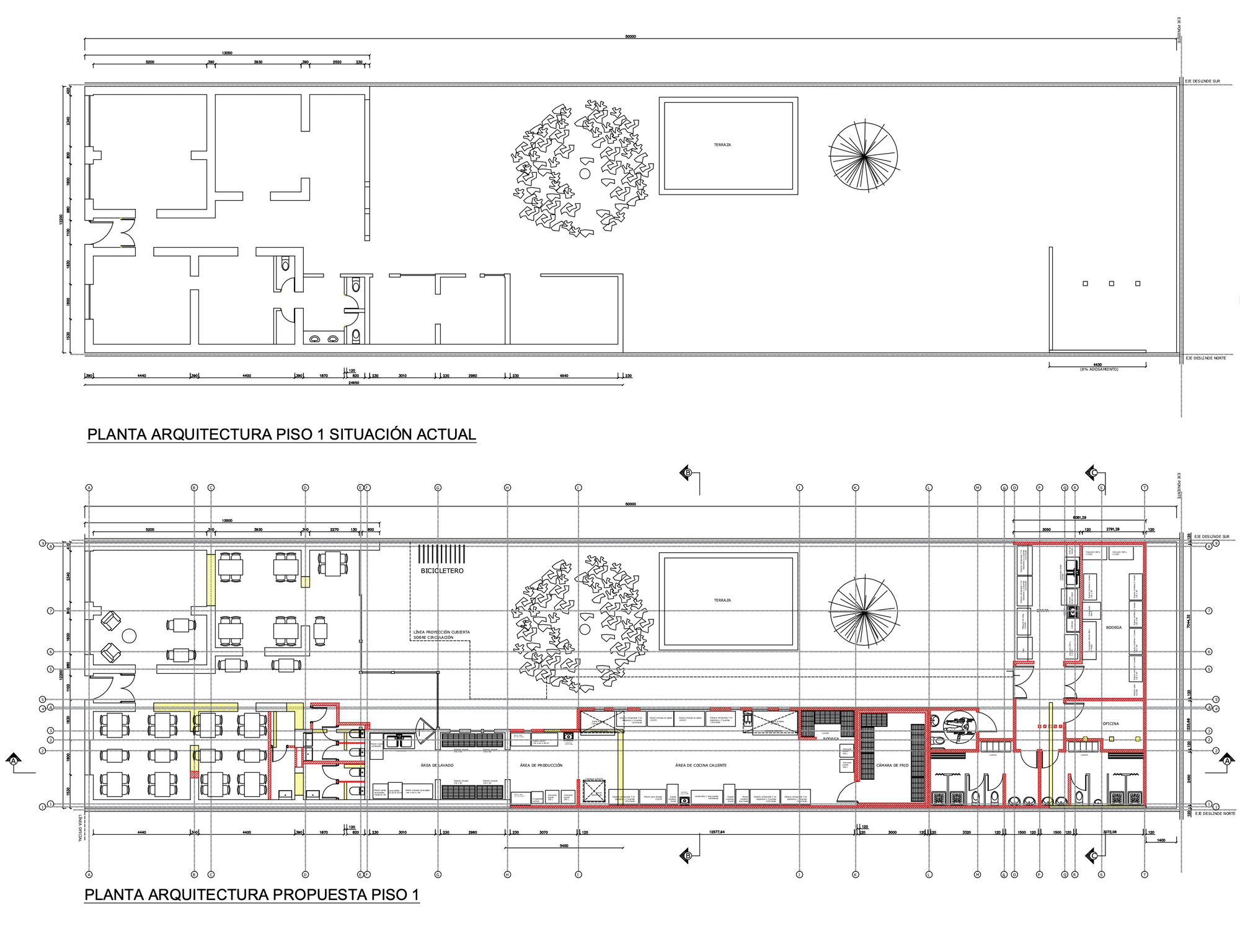 Floor plan drawings showing existing and proposed layouts with central courtyard tree and spiral stair