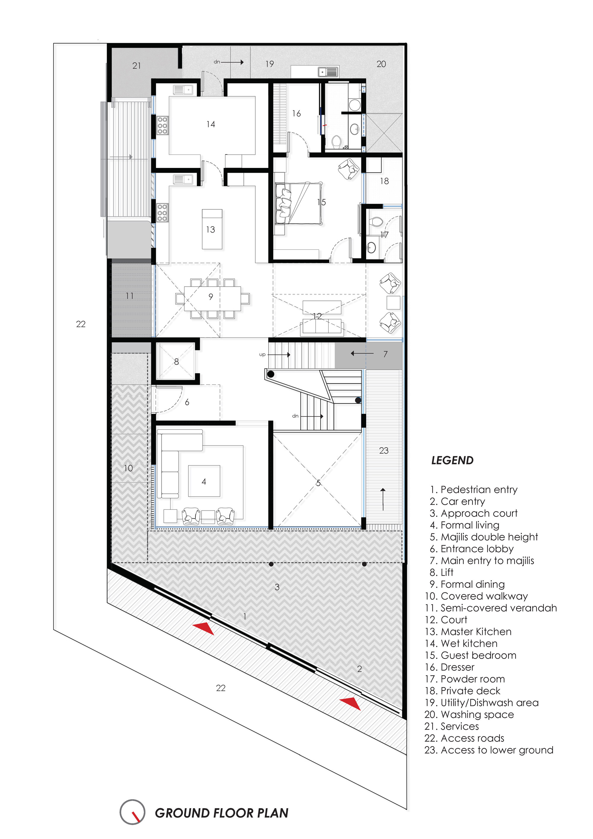 Ground floor plan drawing showing living spaces wrapped around a central staircase and courtyard