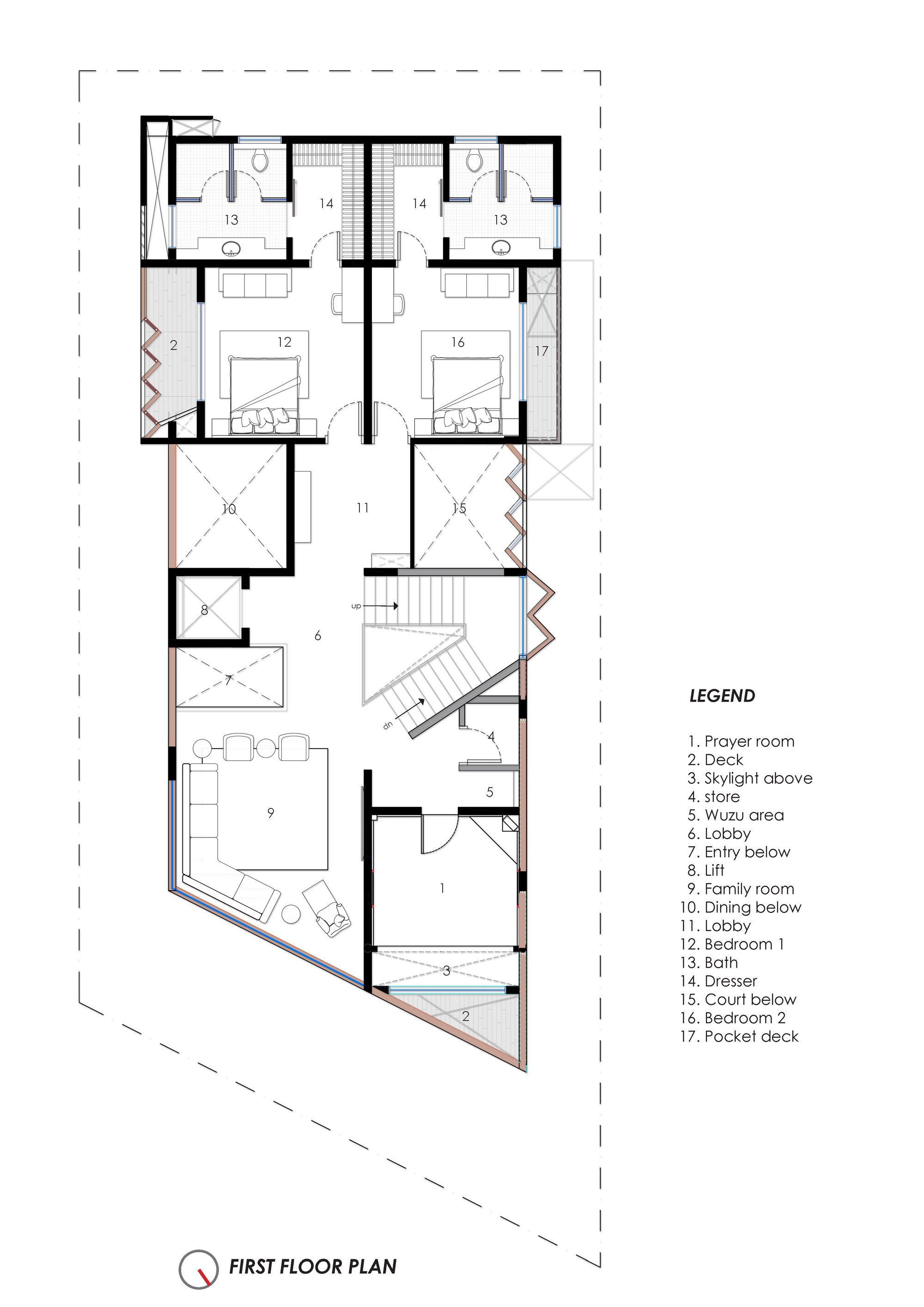 First floor plan drawing showing bedrooms and a prayer room arranged around double-height voids