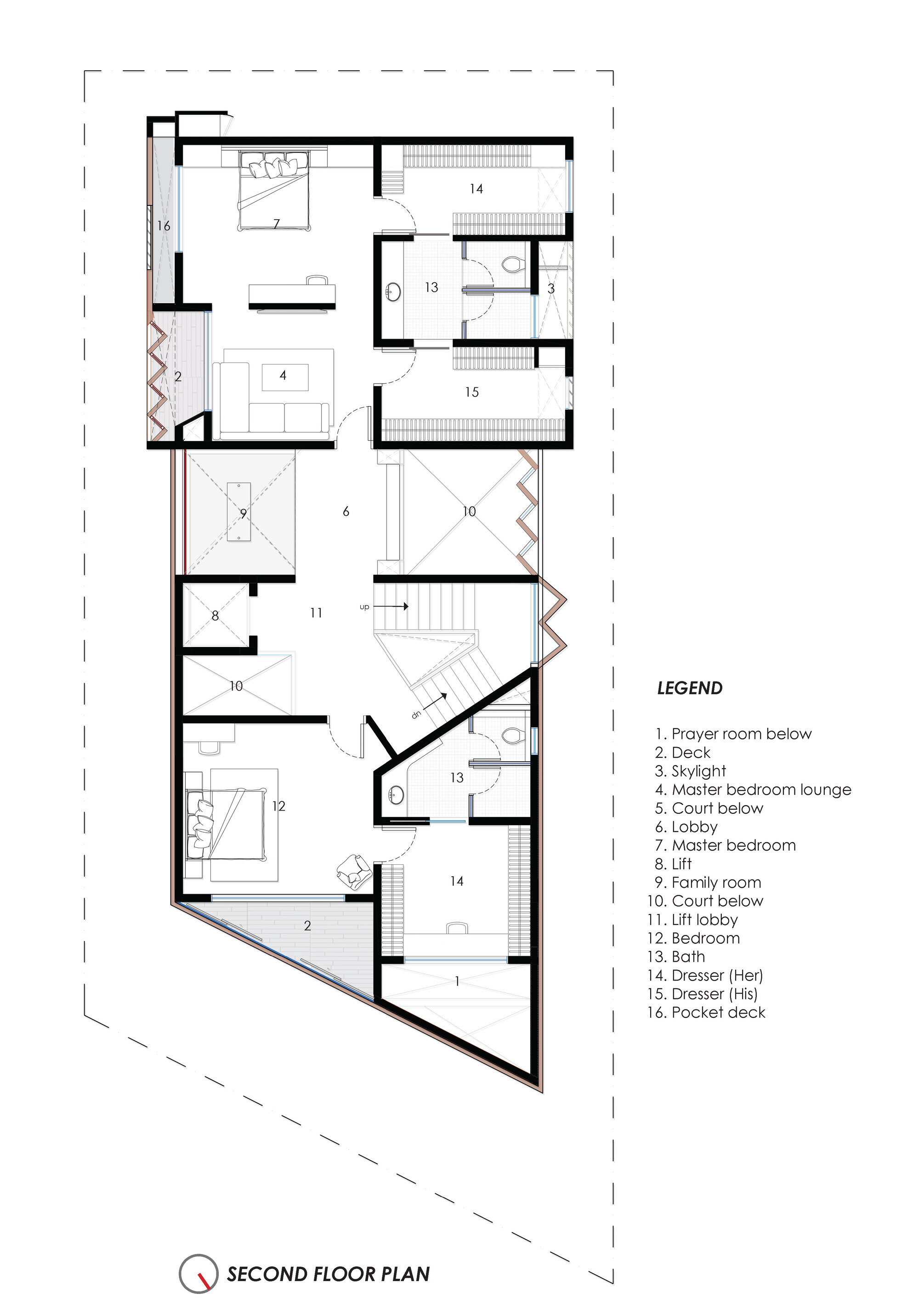 Second floor plan drawing showing additional bedrooms and a family room with angled walls