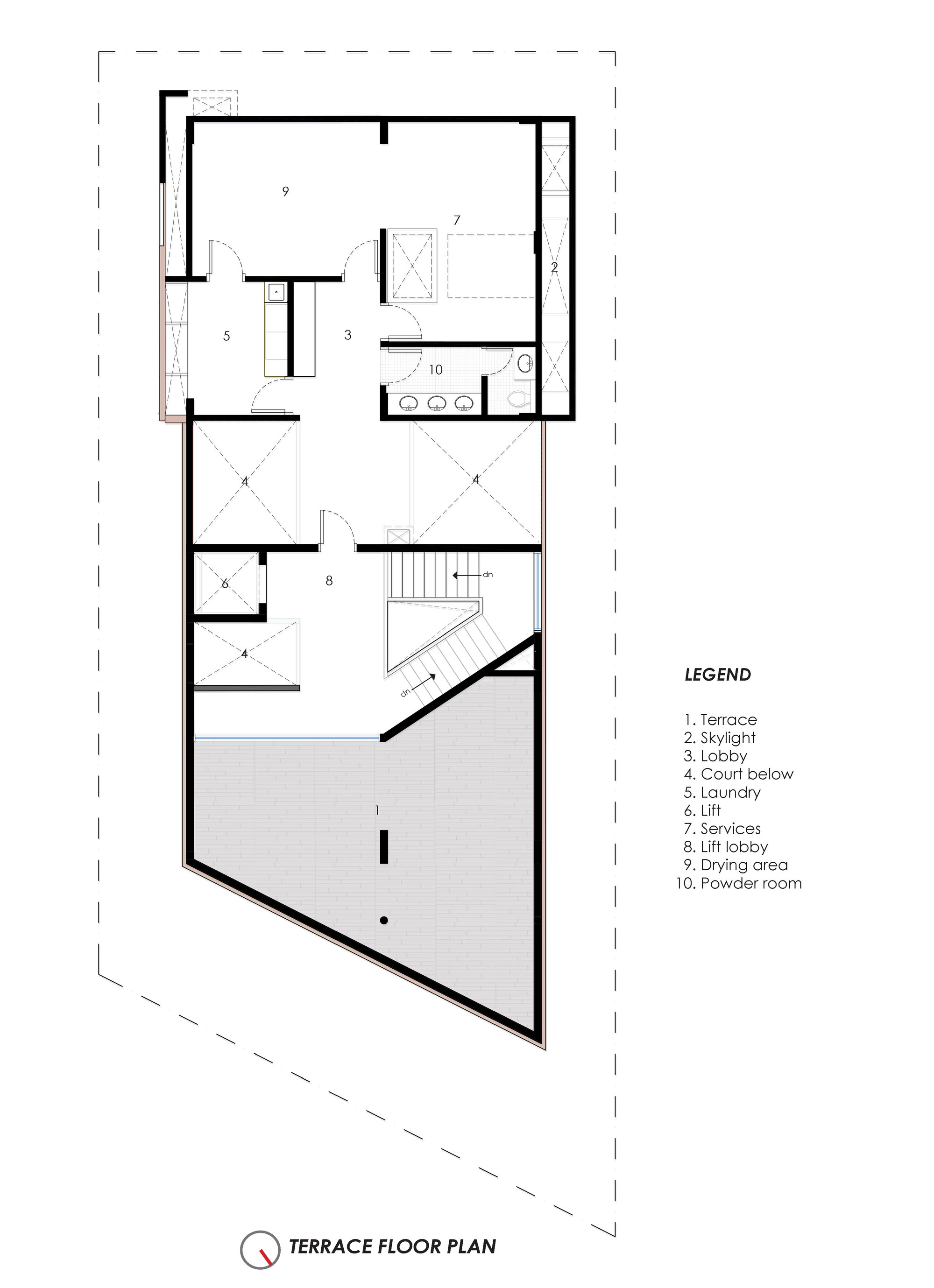 Terrace floor plan drawing showing rooftop amenities including a drying area and service spaces