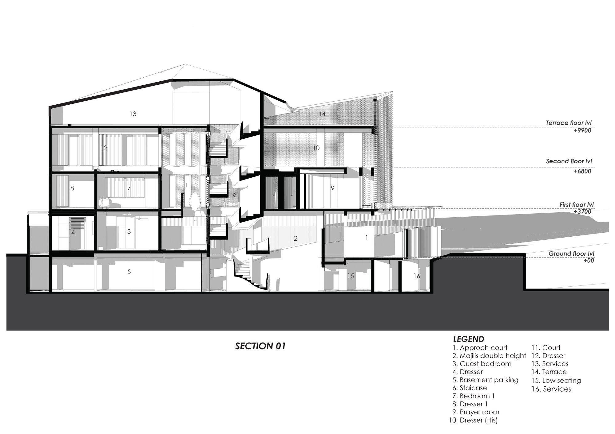 Section drawing showing the multi-level residence stepping down the sloped site with double-height spaces
