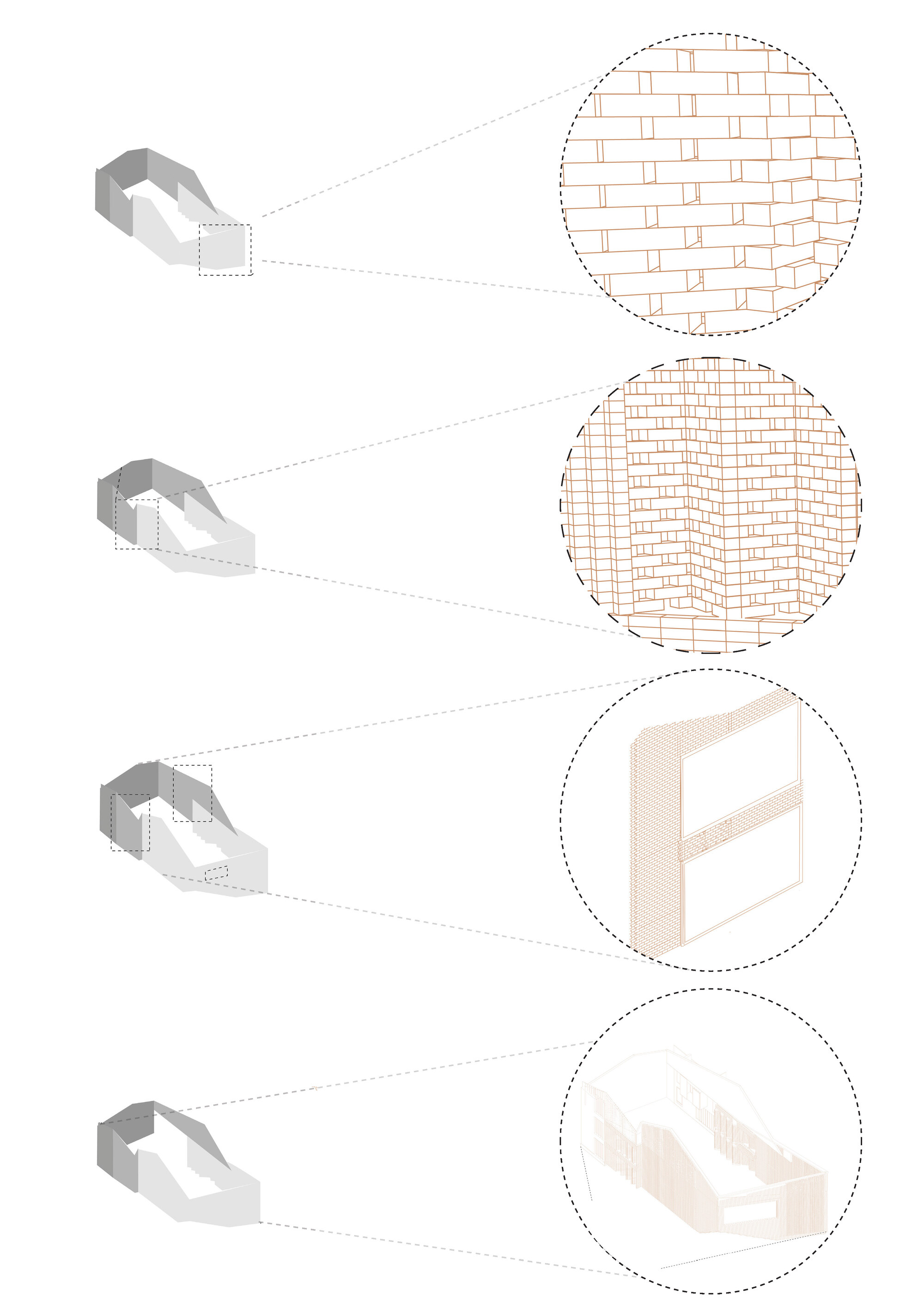 Axonometric diagram illustrating brick bonding patterns and wall assembly details with callout enlargements