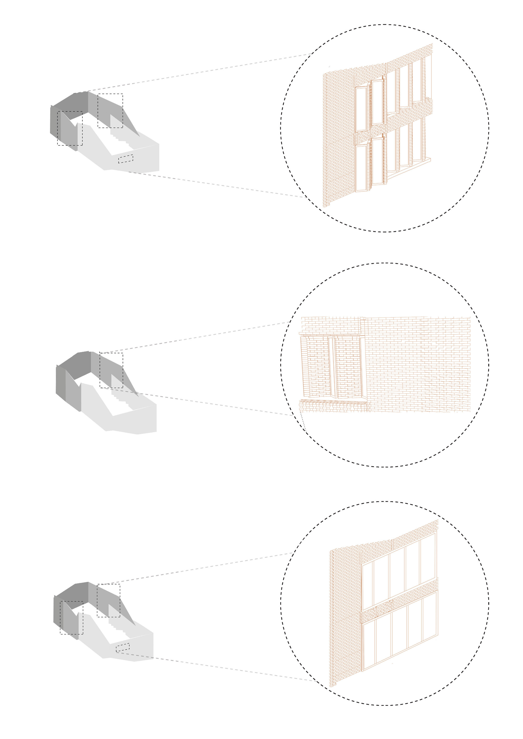 Axonometric diagram showing facade details with timber framing and glazing systems in enlarged views