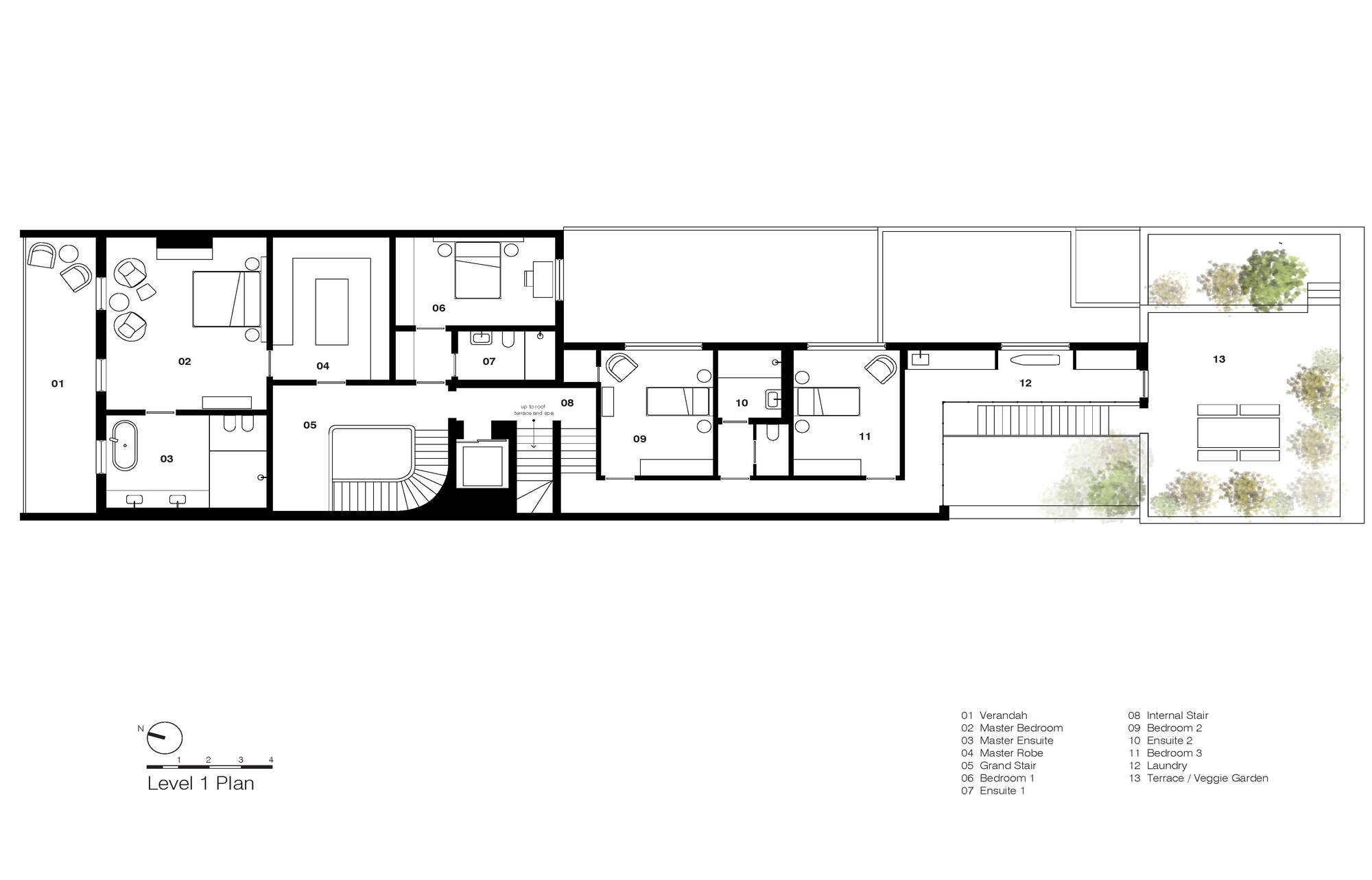 Level 1 plan drawing depicting bedrooms and a terrace garden at the far end of the residence