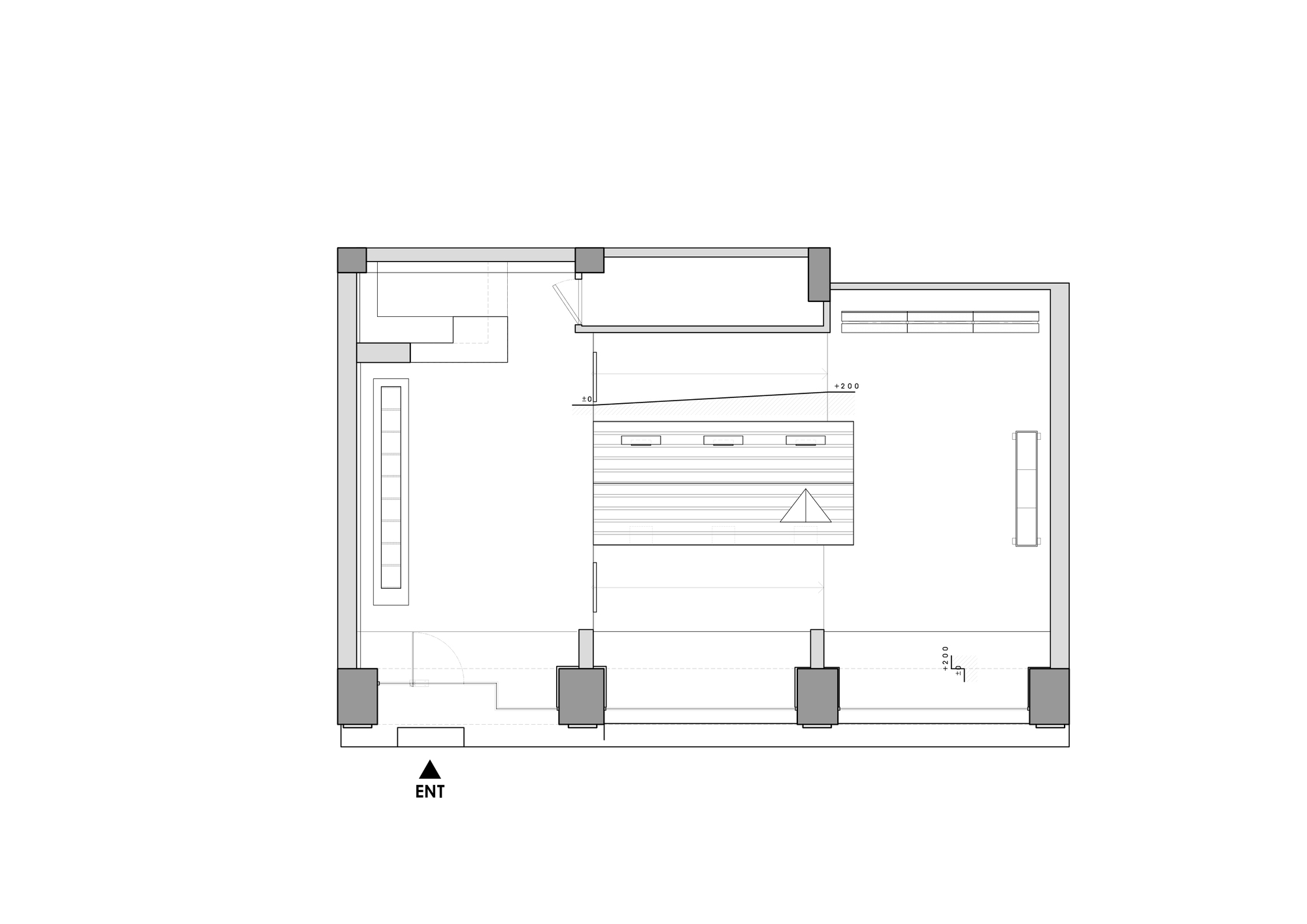 Floor plan drawing showing a rectangular retail space with central service counter and street entrance