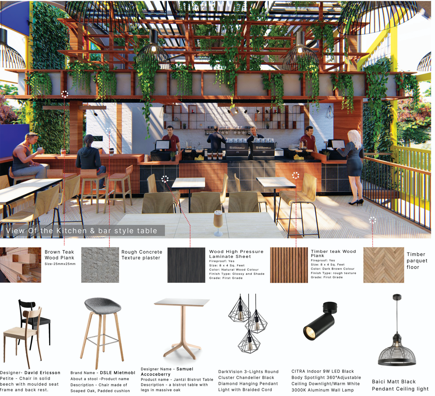 Kitchen and bar seating area with natural materials, warm lighting, and green overhead elements.