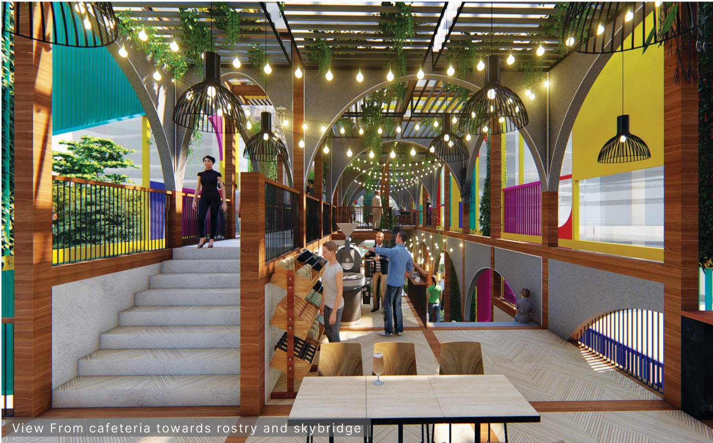 Cafeteria view toward the roastery and skybridge, showing open circulation and lively interiors.