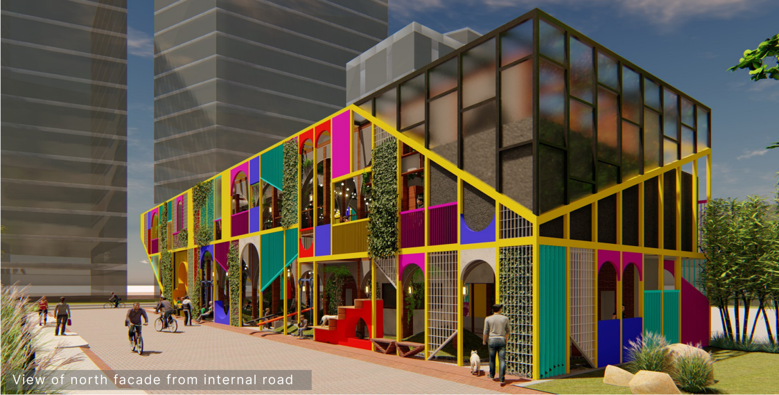 North façade view with a colorful interactive envelope, planted surfaces, and public street access.