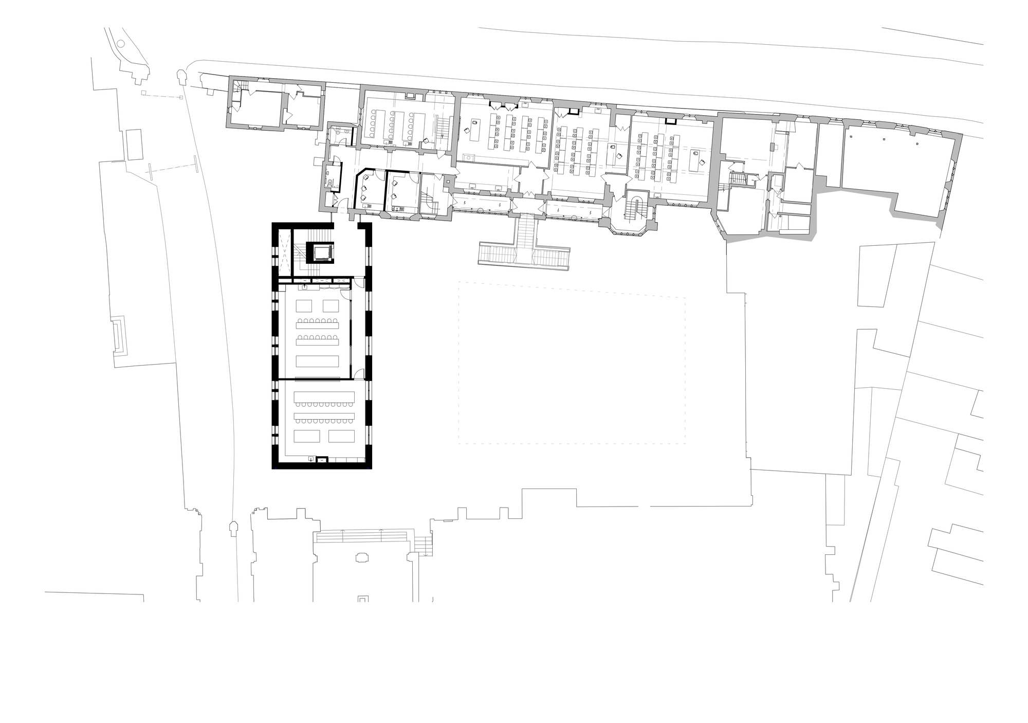 Upper floor plan drawing of the chapel showing parallel rows of benches and entry vestibule