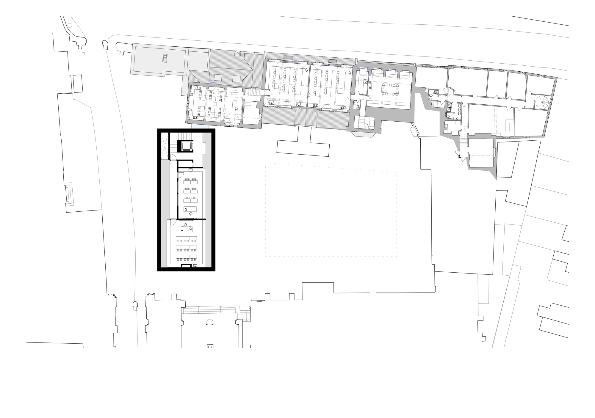Floor plan drawing depicting the chapel as a narrow rectangle with surrounding site context and trees