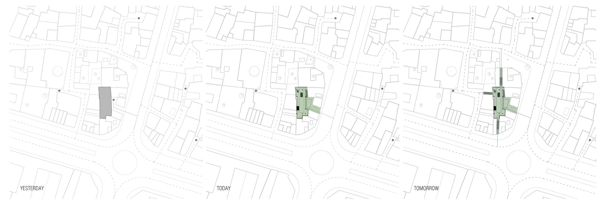 Site plan drawing showing three phases of development within the surrounding street grid