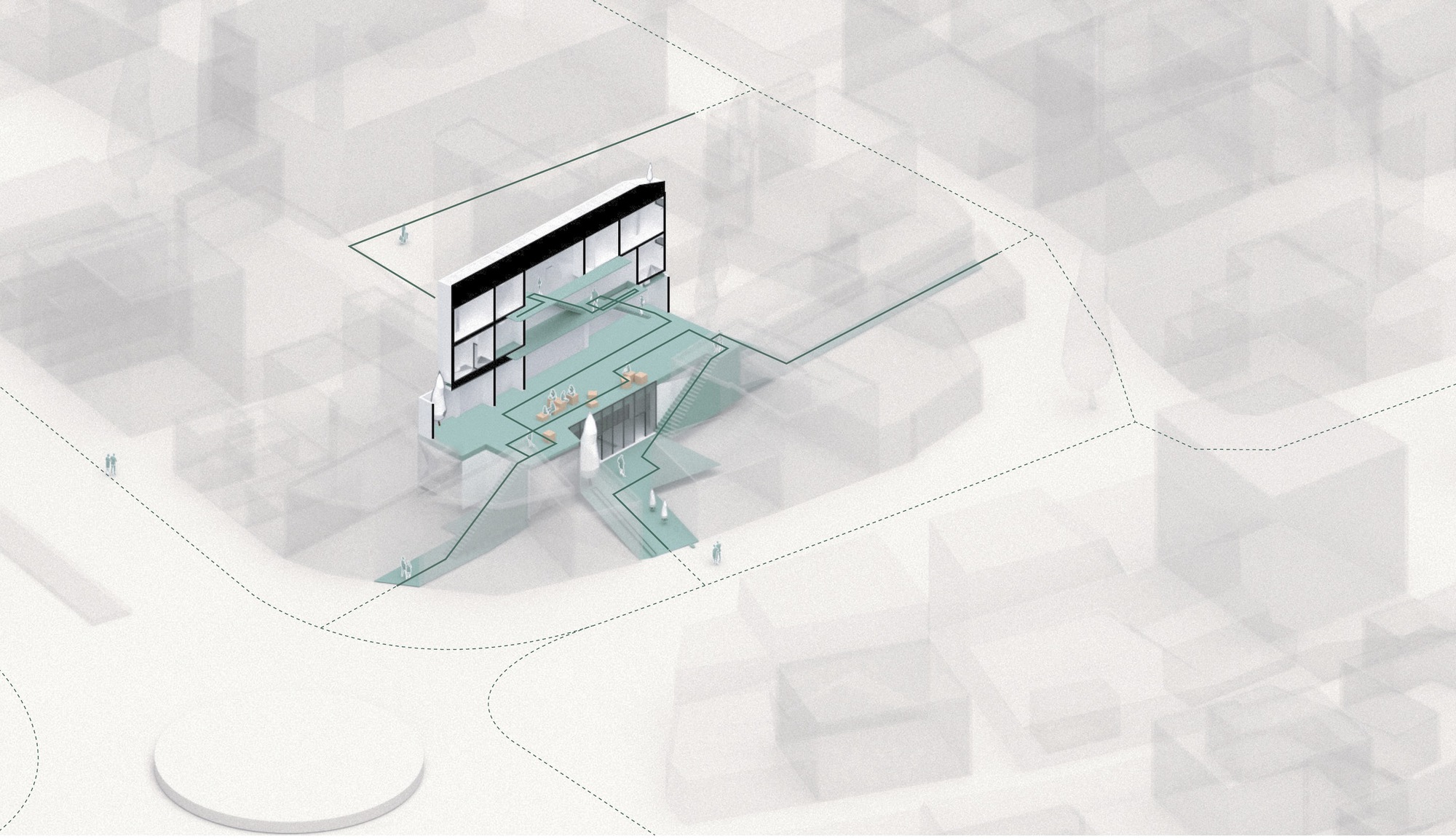 Axonometric drawing showing the glazed facade and interior spatial levels with planted terraces