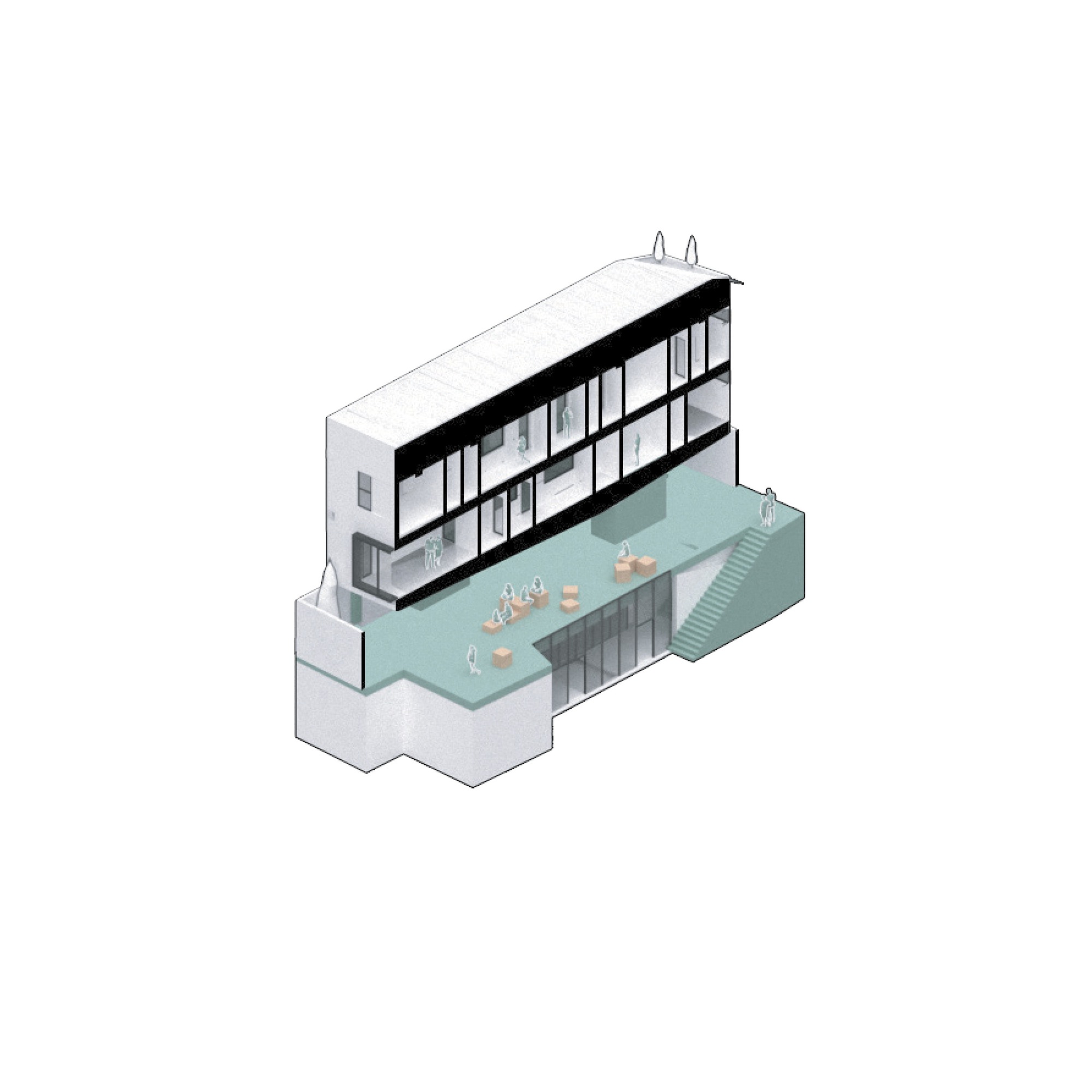 Axonometric drawing showing the multilevel building with exterior courtyard and glazed upper floors