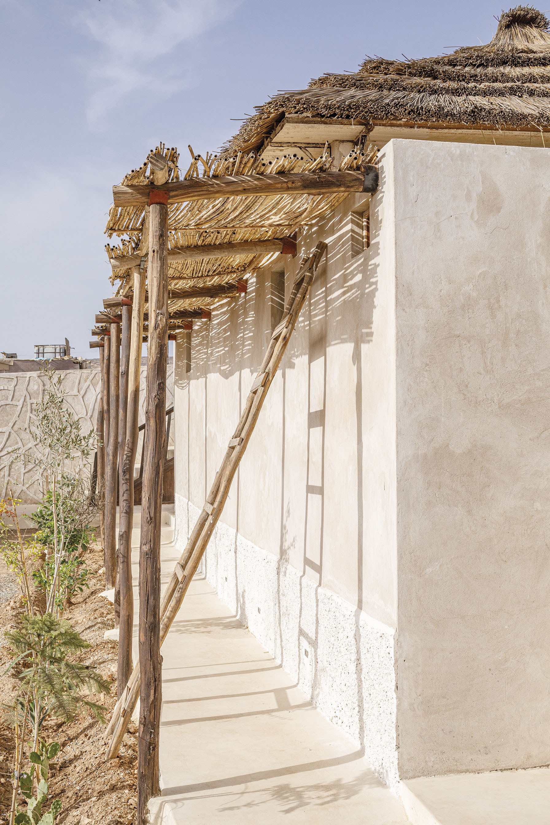 Covered walkway with timber posts and thatch roof pergola casting shadows on plastered walls