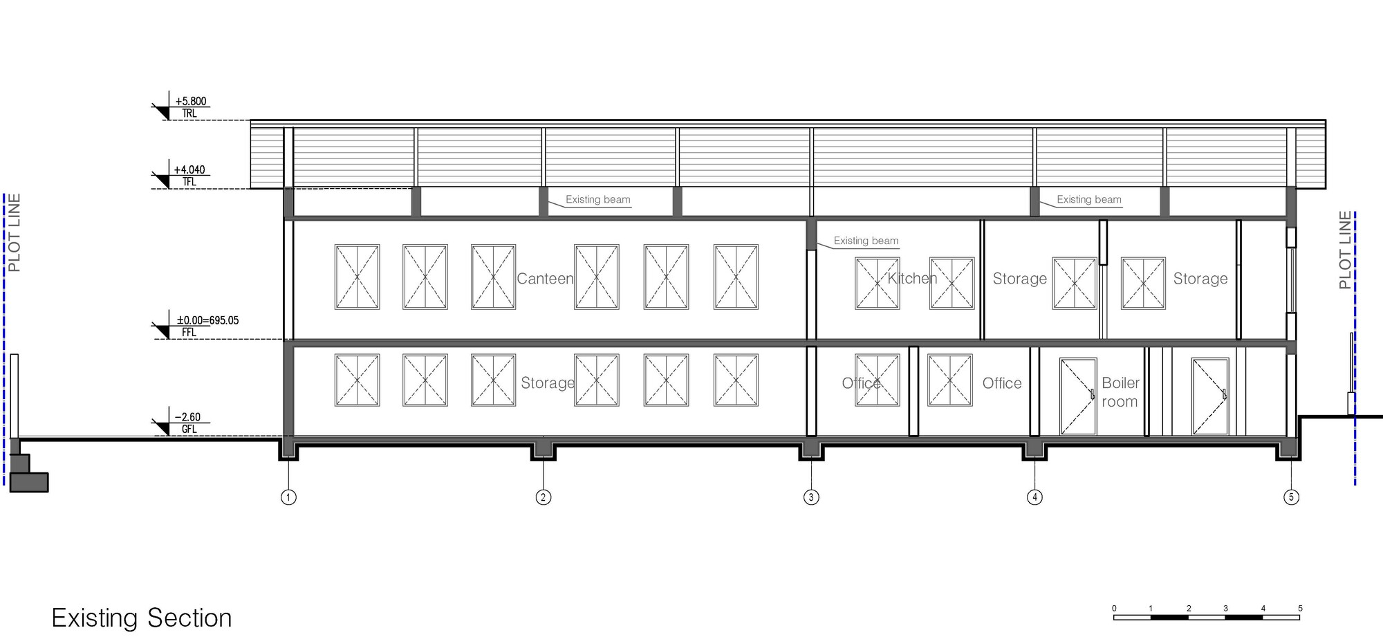 Section drawing showing existing two-story structure with storage rooms and office spaces