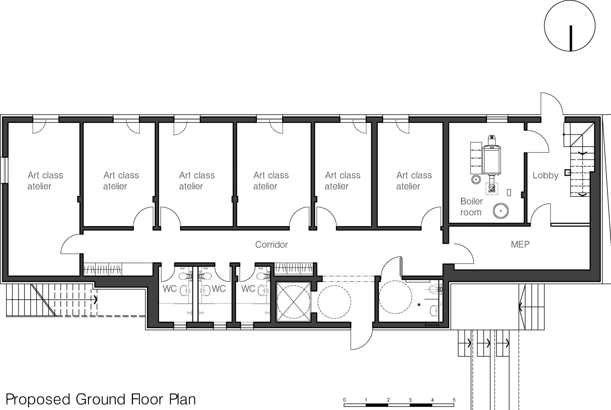 Proposed ground floor plan with six art class ateliers along a central corridor