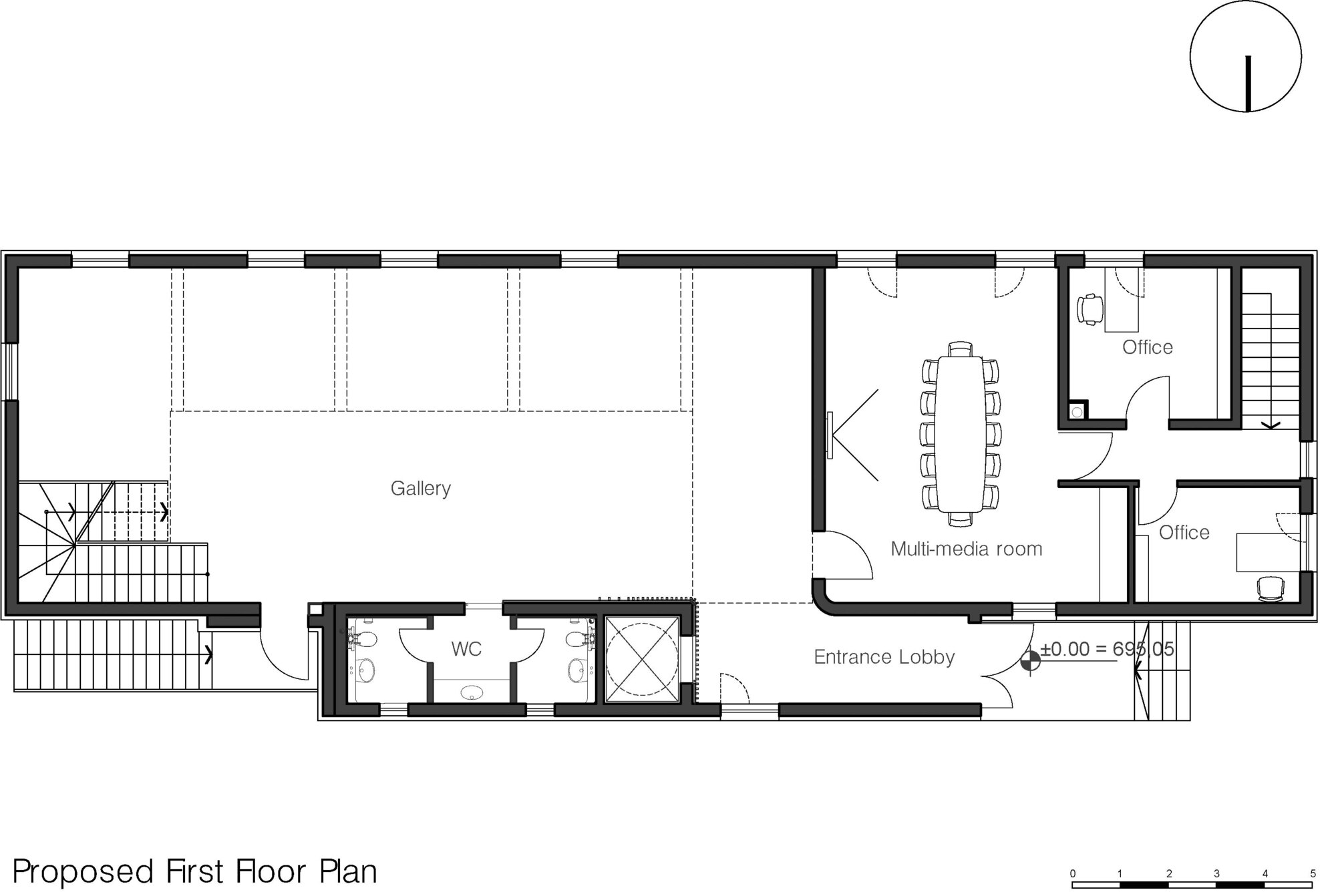 Proposed first floor plan showing gallery space with multi-media room and entrance lobby