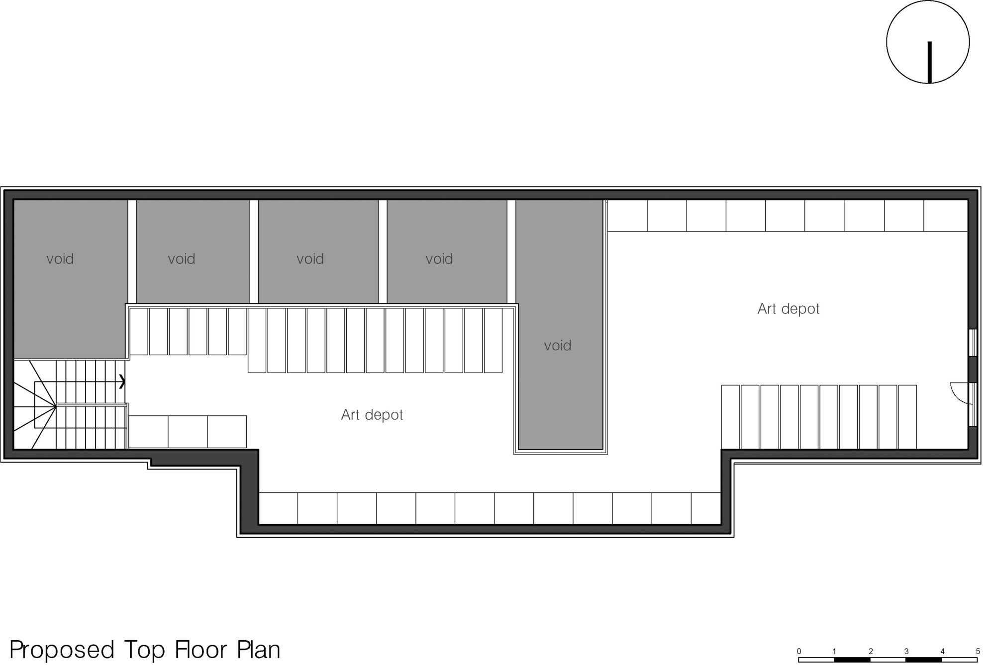 Proposed top floor plan featuring art depot spaces with void openings below