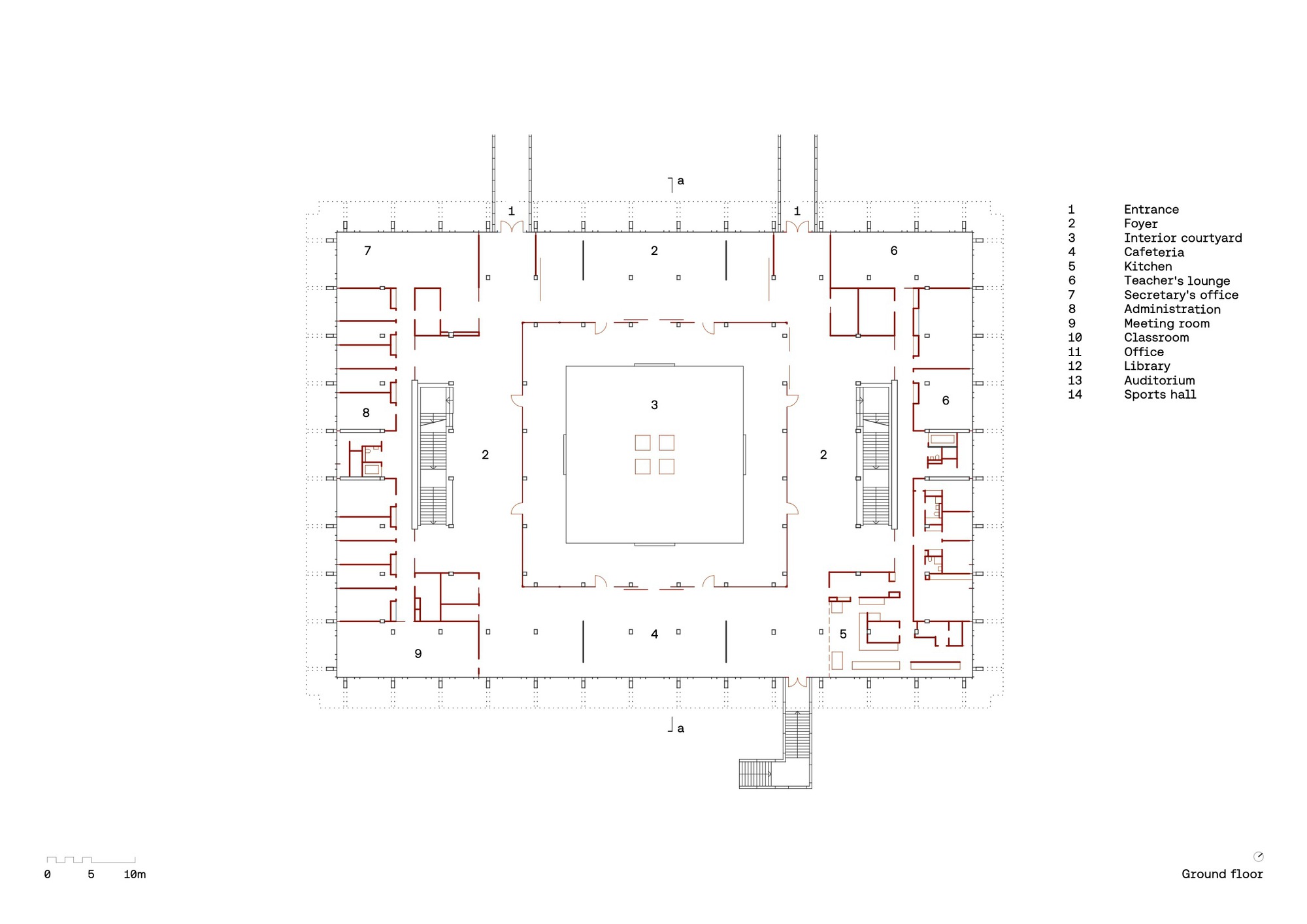 Ground floor plan drawing revealing a central courtyard surrounded by classrooms and administrative spaces
