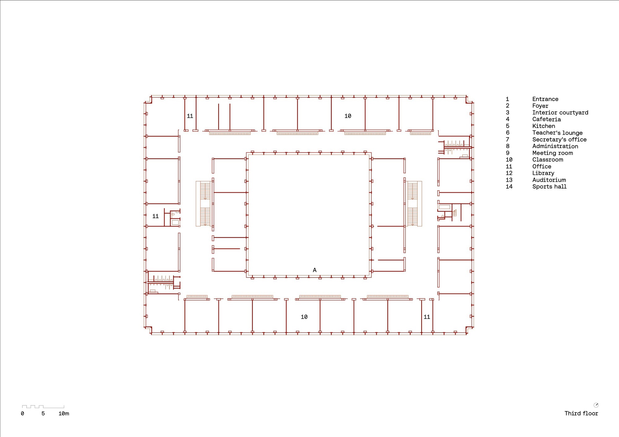 Third floor plan drawing depicting classrooms and offices flanking a central open space