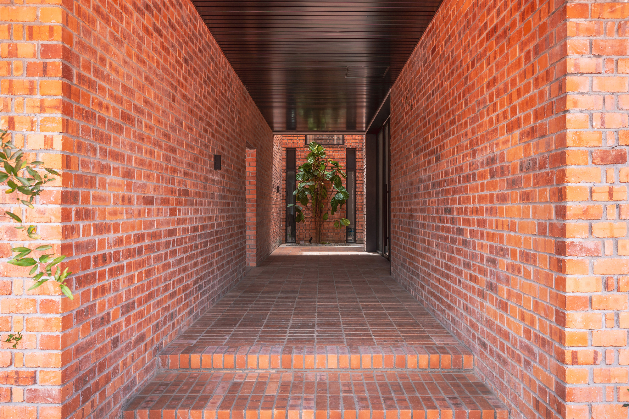 Narrow brick corridor with timber ceiling leading to a planted courtyard at the far end