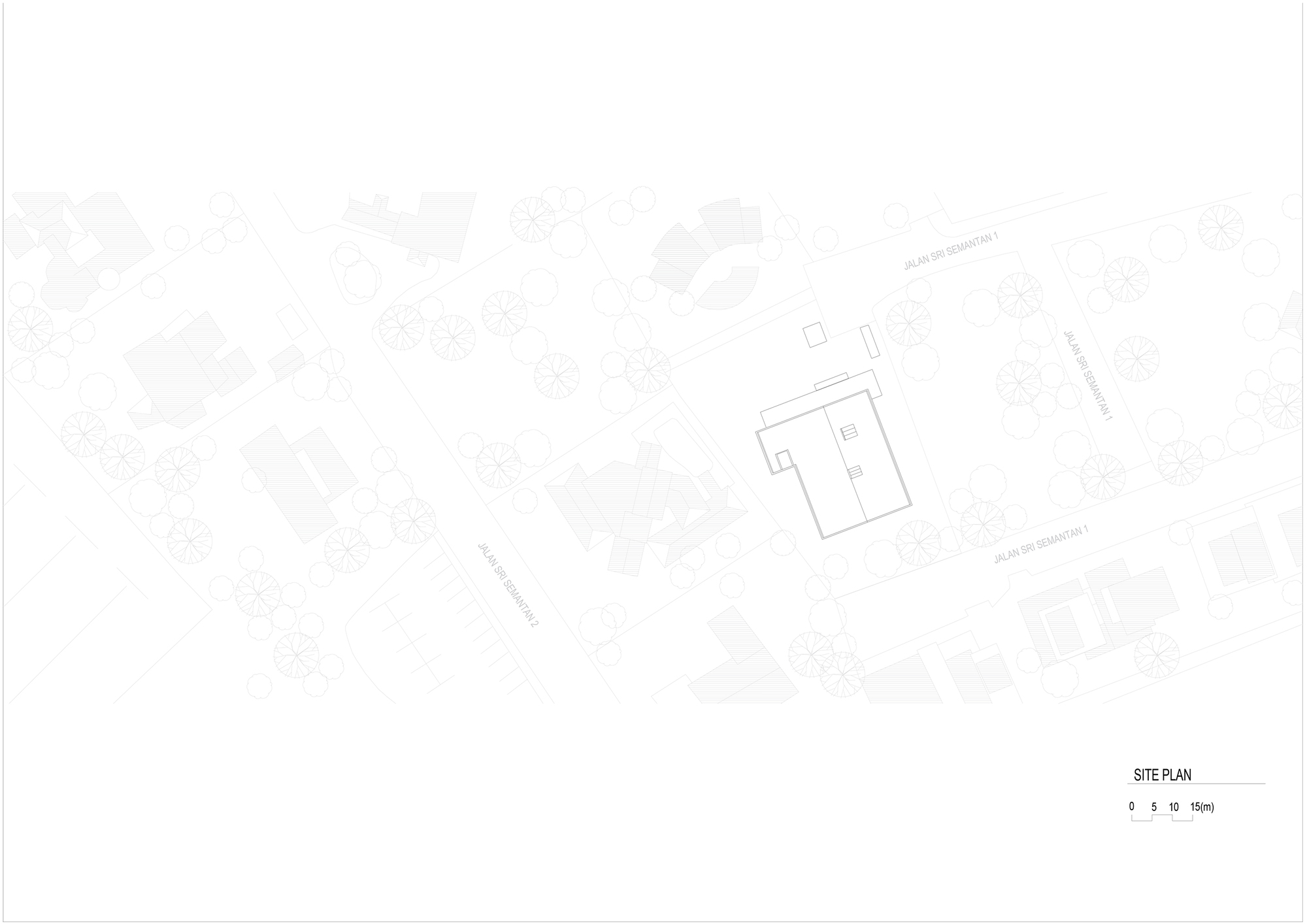 Site plan drawing showing building footprint within surrounding context and street layout