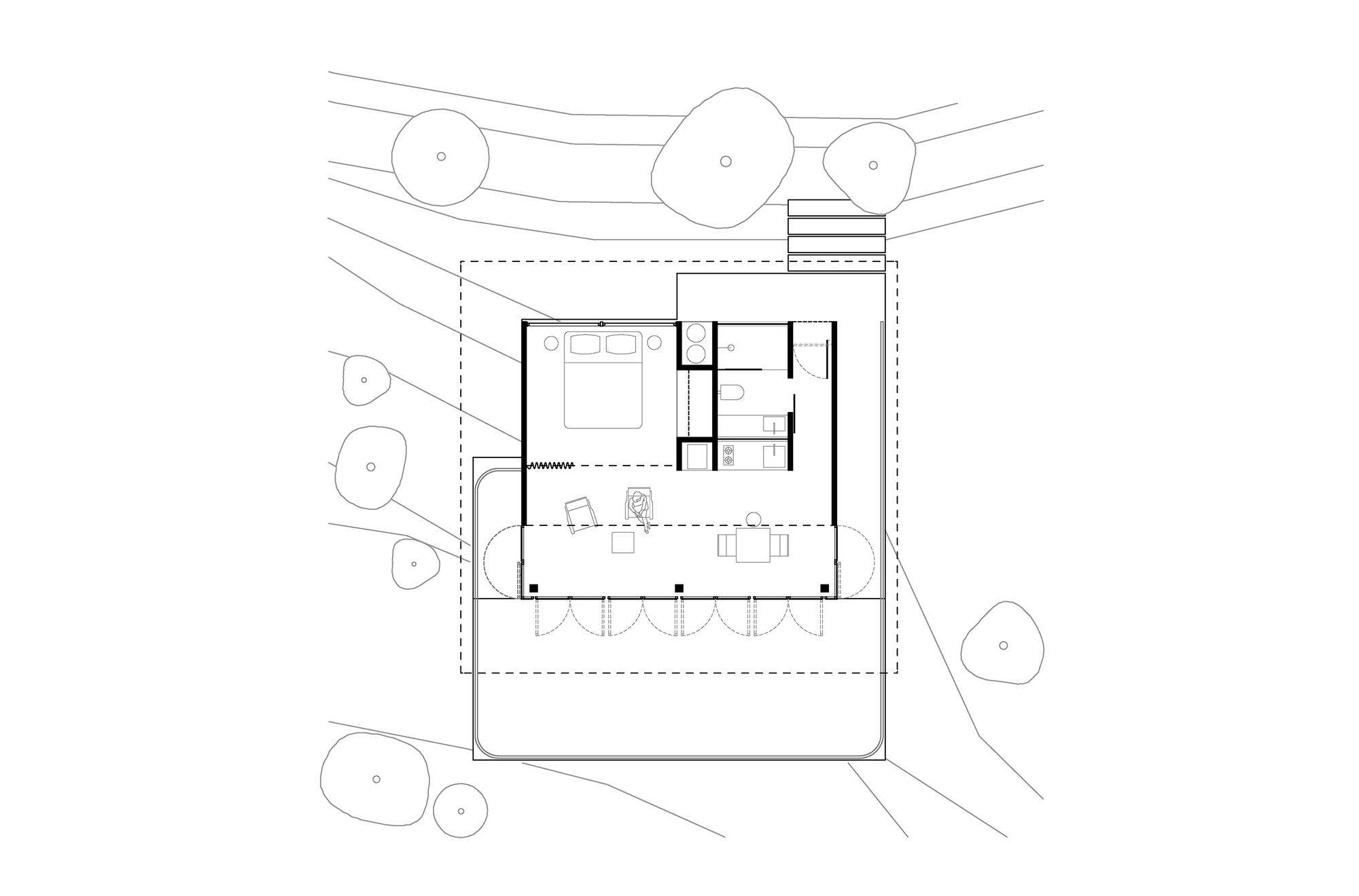 Floor plan drawing showing enclosed service core and open living area surrounded by deck and trees