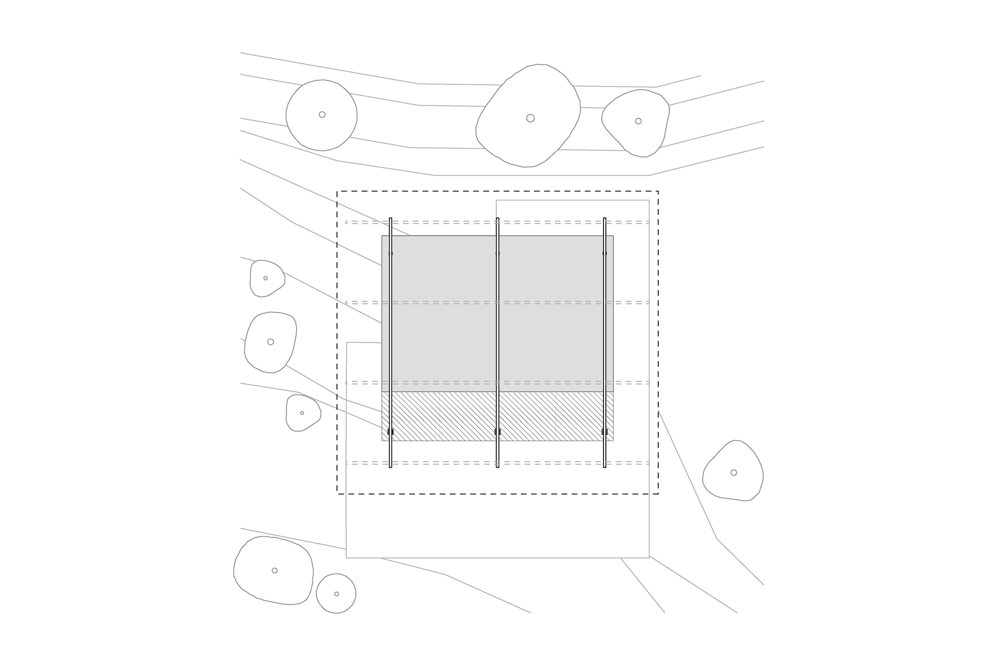 Elevation drawing showing operable facade panels and deck perimeter within landscape of organic tree forms