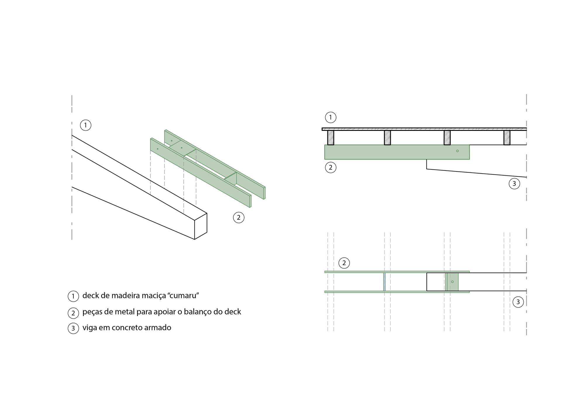 Isometric and detail drawings of the deck structure with timber beams and metal support brackets