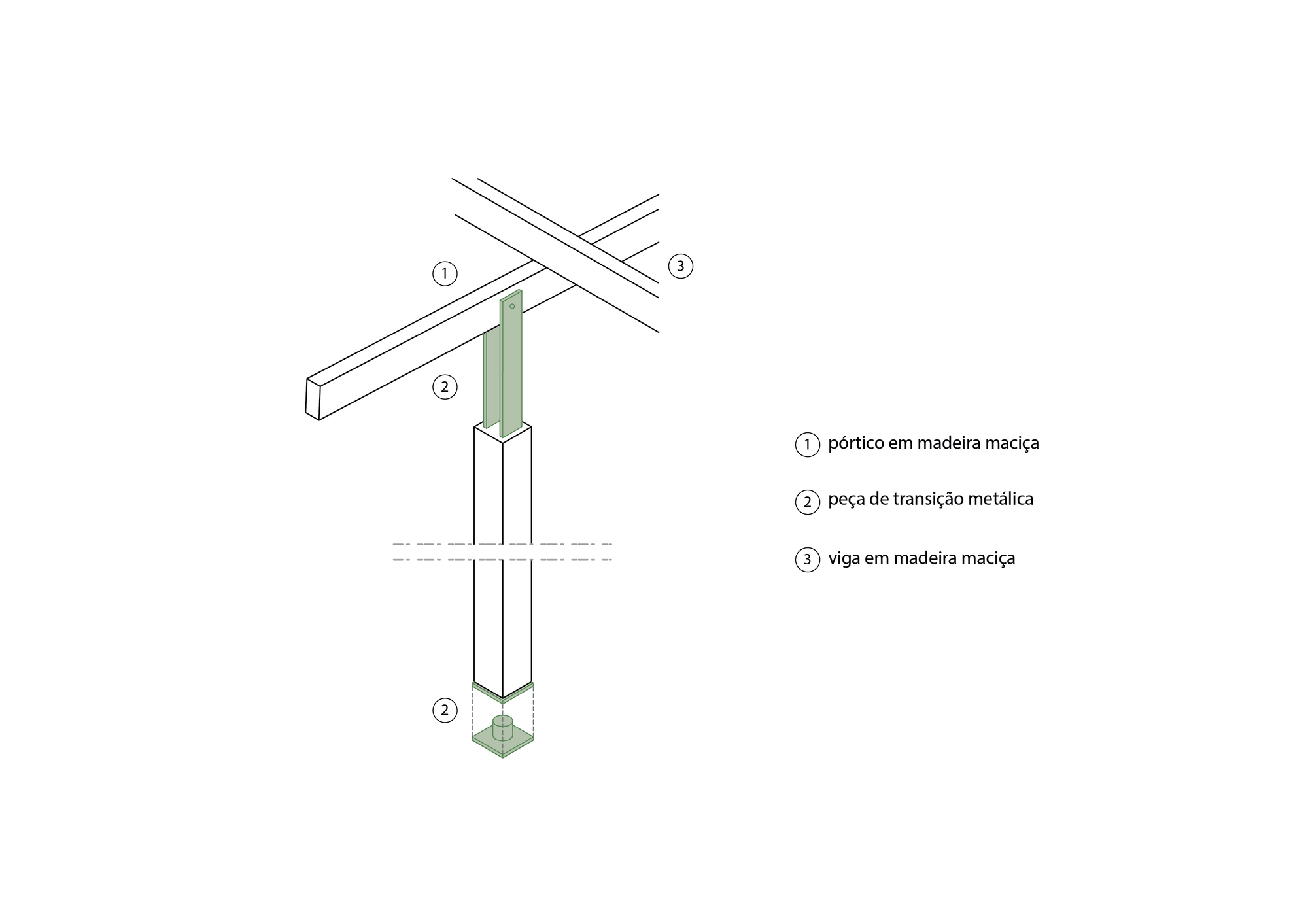 Axonometric detail drawing of a timber column with metal connector plate and concrete footing