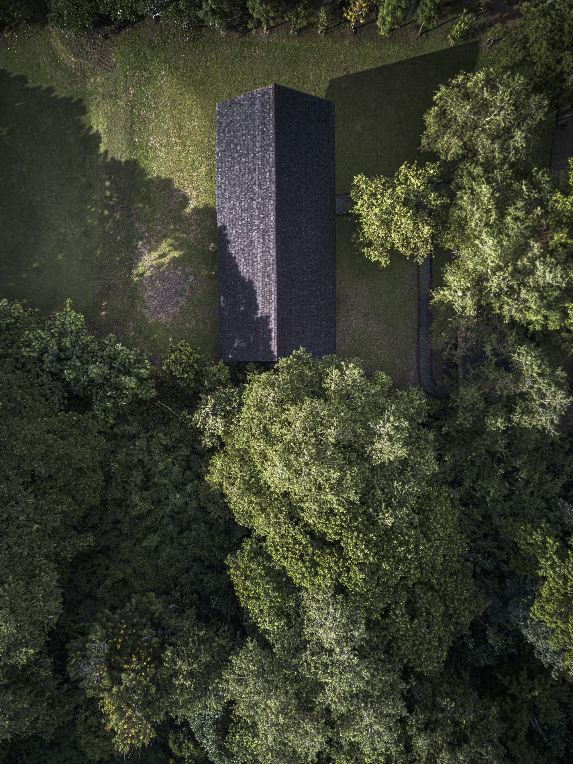 Top-down view of the rectangular dark roof volume surrounded by forest vegetation and scattered trees