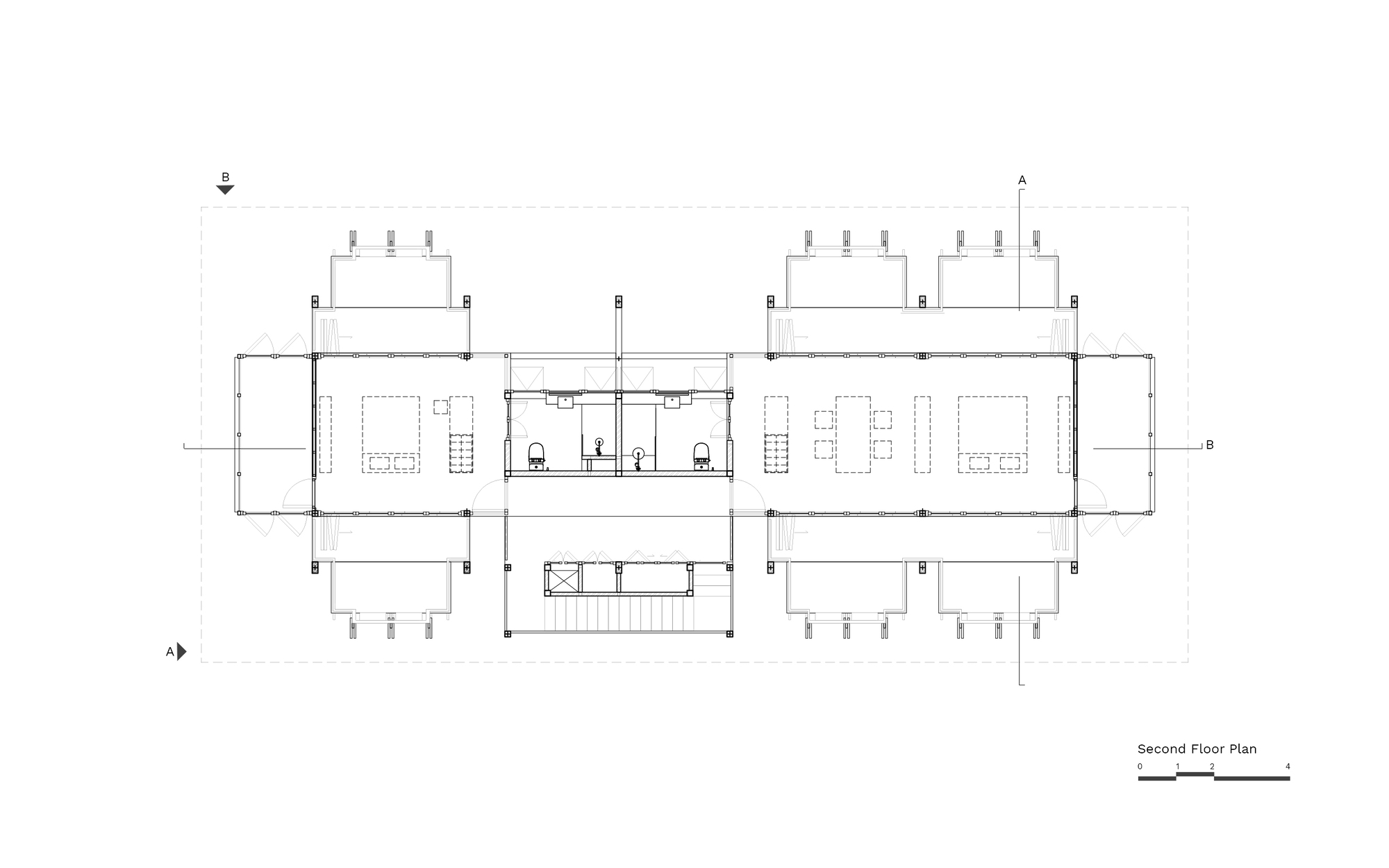 Second floor plan drawing showing bedroom suites and balconies arranged around the central core