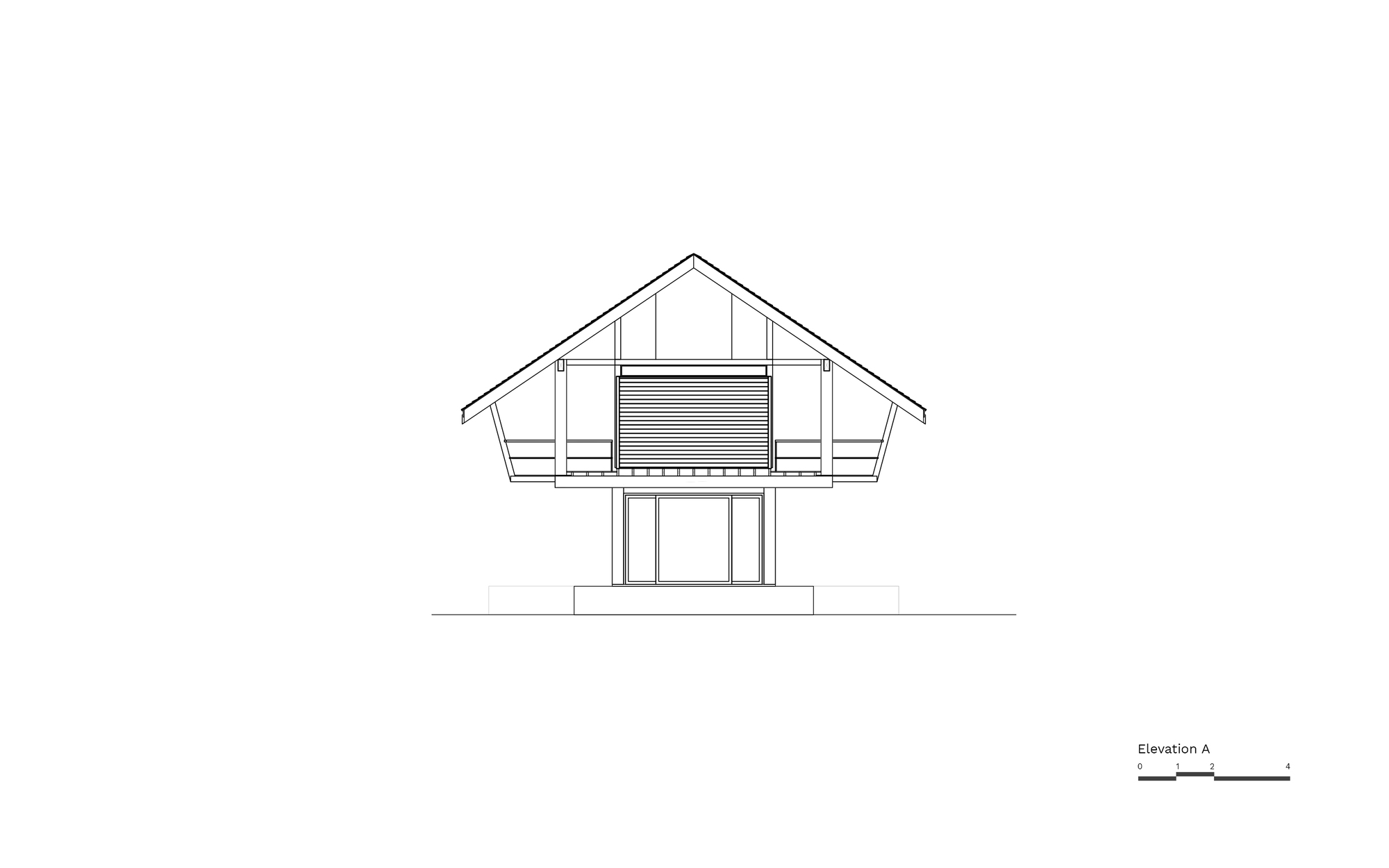 Elevation drawing showing a raised structure with pitched roof and louvered central panel