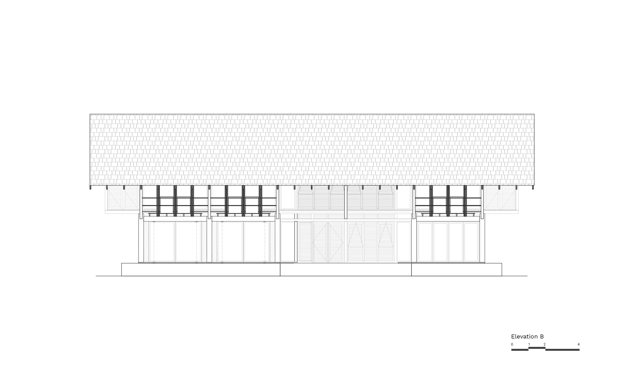 Elevation drawing depicting a long facade with textured roof and grouped vertical window openings