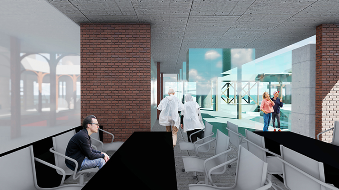 Offshore gallery spaces frame art, culture, and panoramic Adriatic Sea views within the adaptive reuse project.