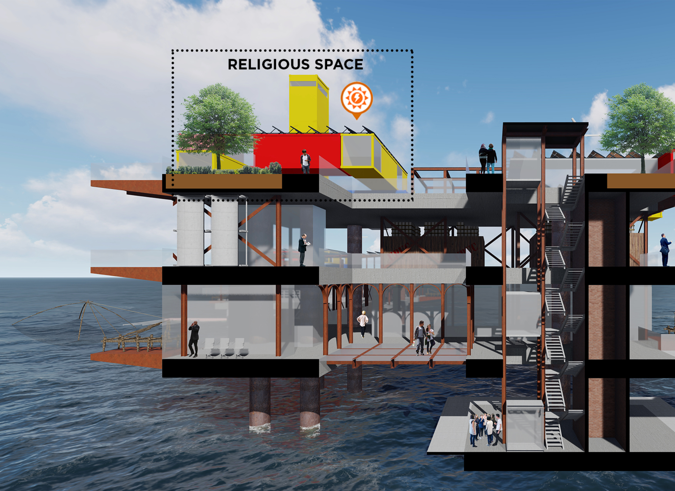 Residential farming platforms integrate renewable energy, agriculture, and marine research into sustainable ocean living.