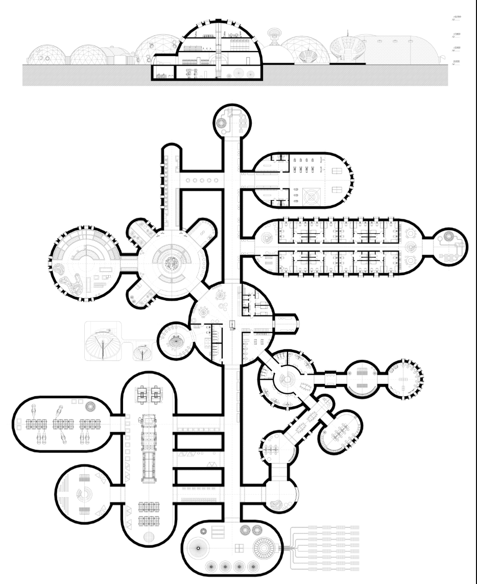 Architectural plans and sections reveal the spatial organization of residential, communal, scientific, and operational facilities.