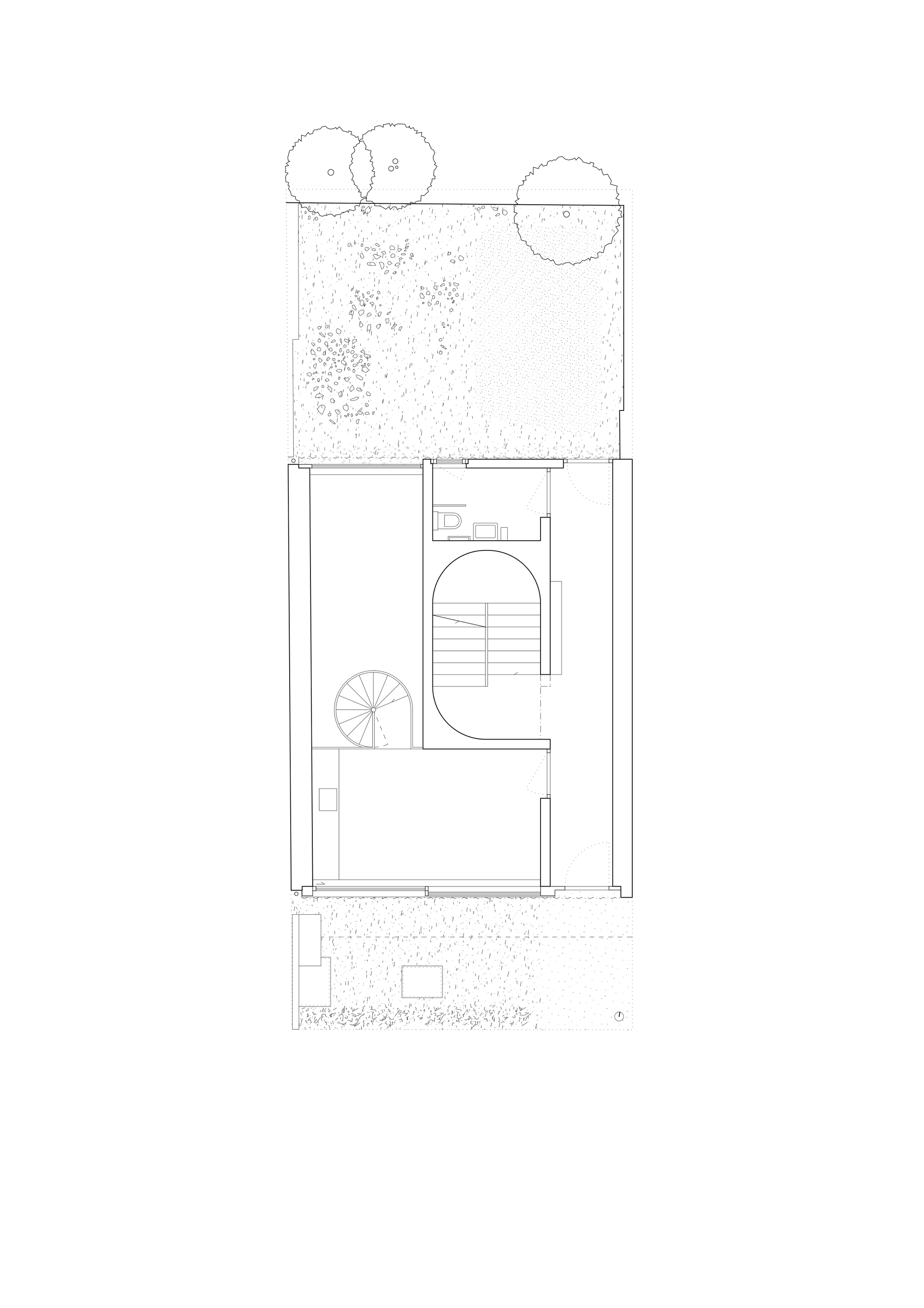 Floor plan drawing showing a rectangular volume with spiral stair and rooftop garden with trees