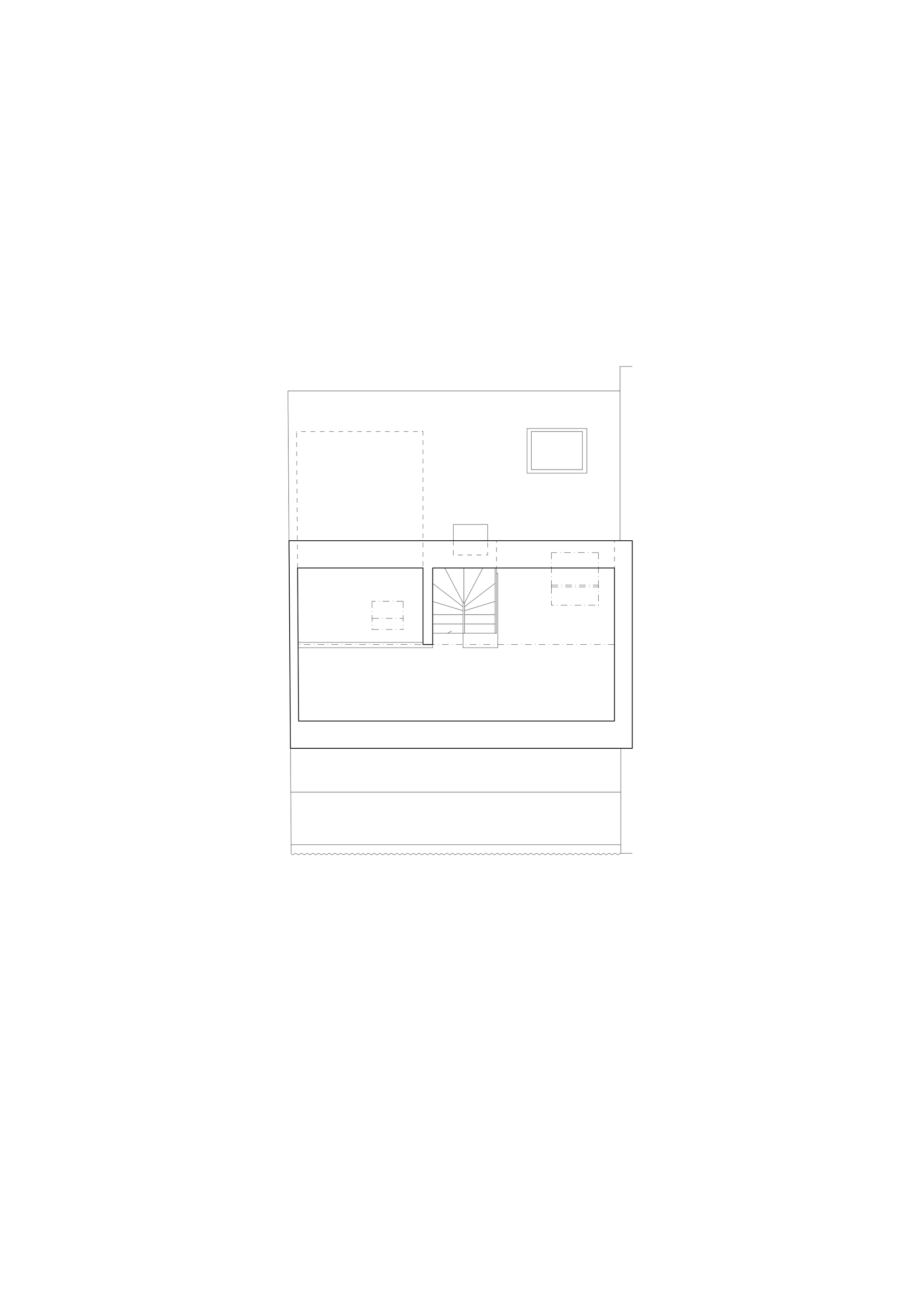 Floor plan drawing showing upper level with central stair and divided rooms on either side