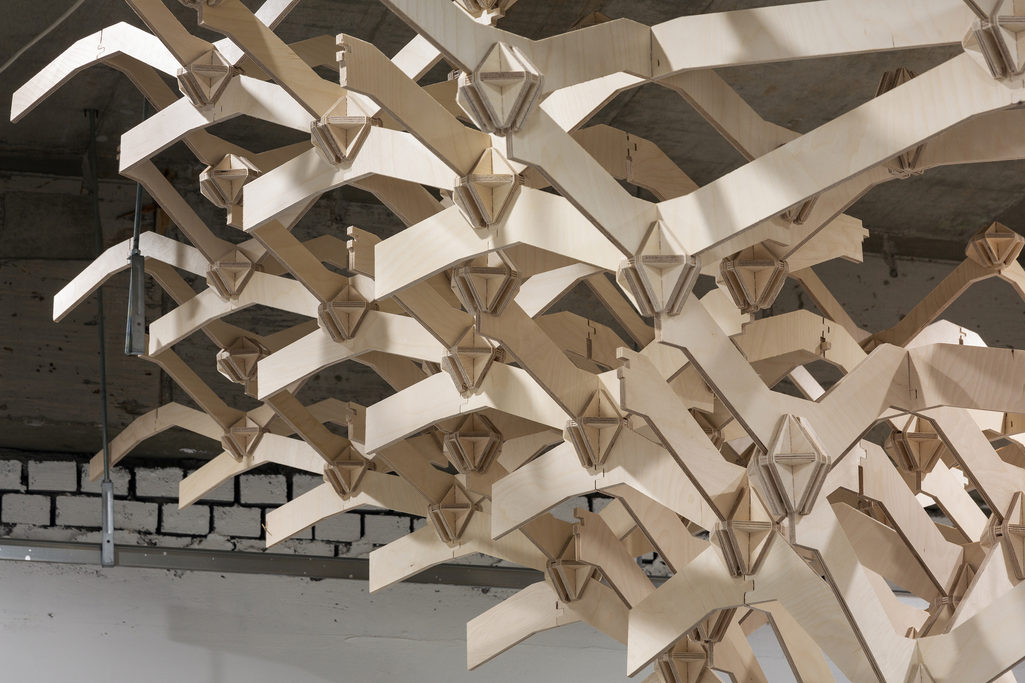 Underside view of the laminated timber canopy with polyhedral node connections and curved branch elements