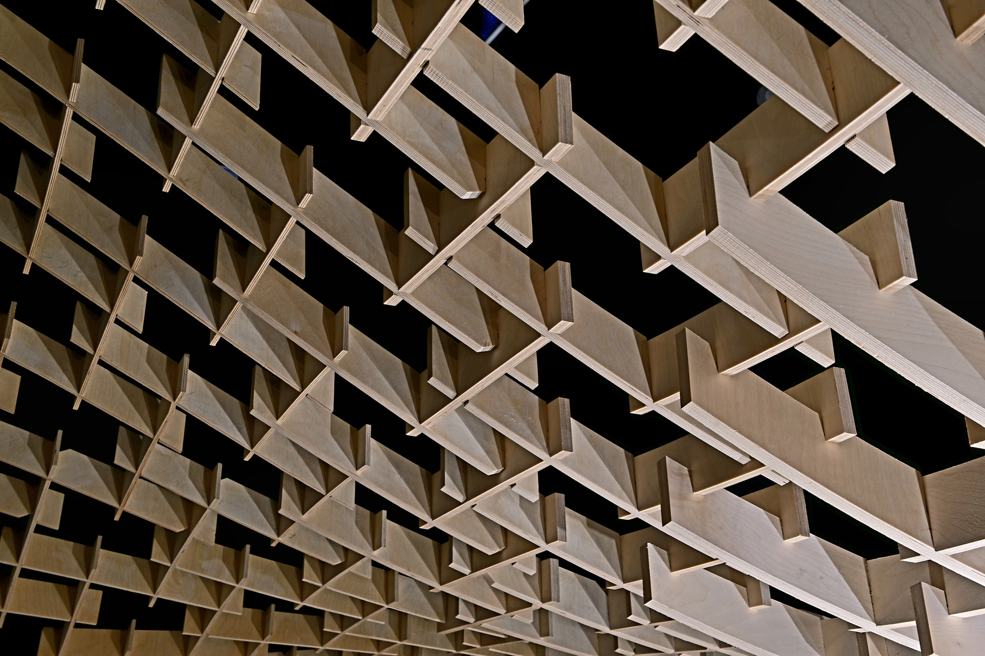 Detail view of the woven timber lattice forming a parametric grid against darkness