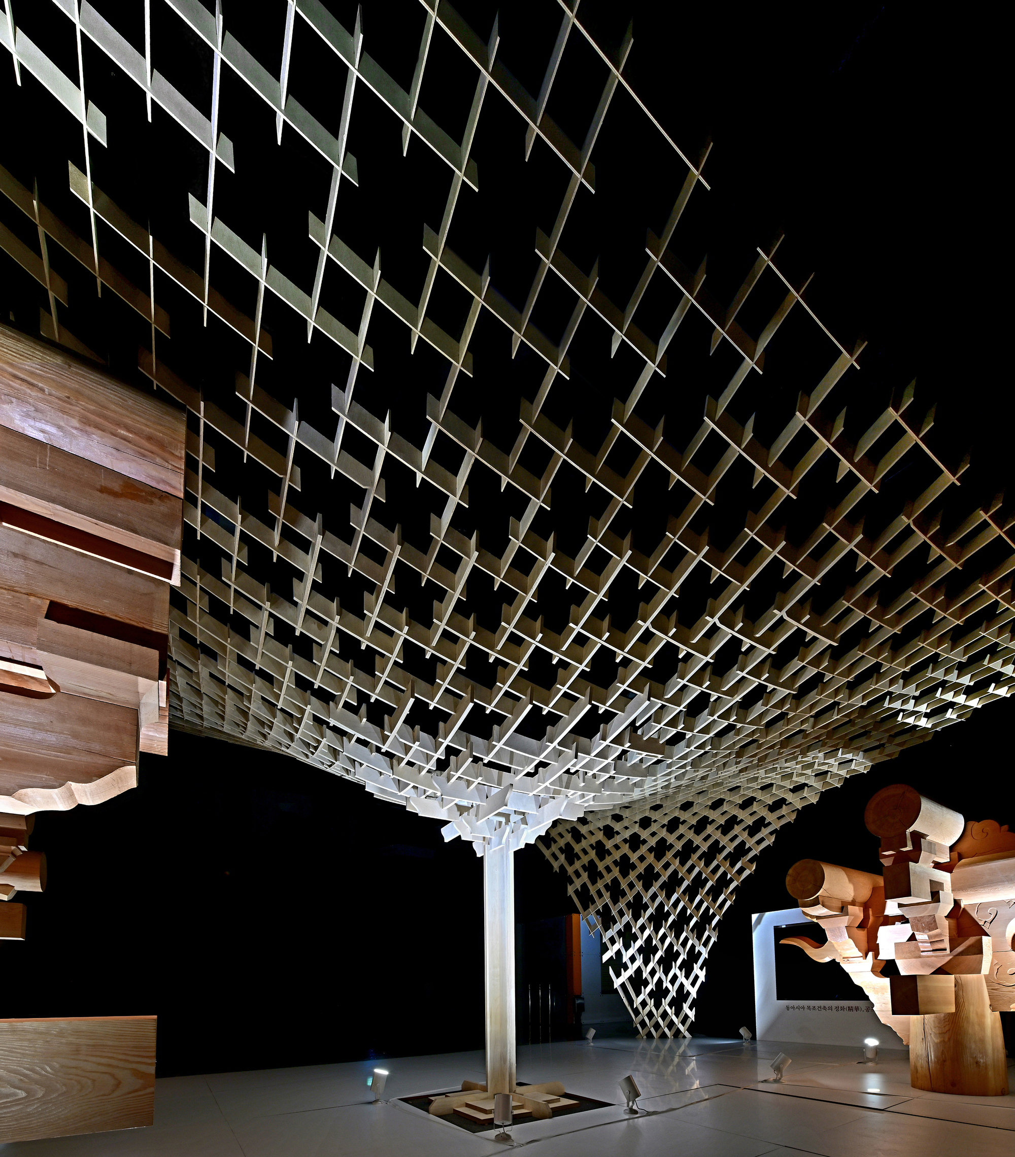 Funnel-shaped timber canopy descending from a diagrid ceiling in a dimly lit gallery