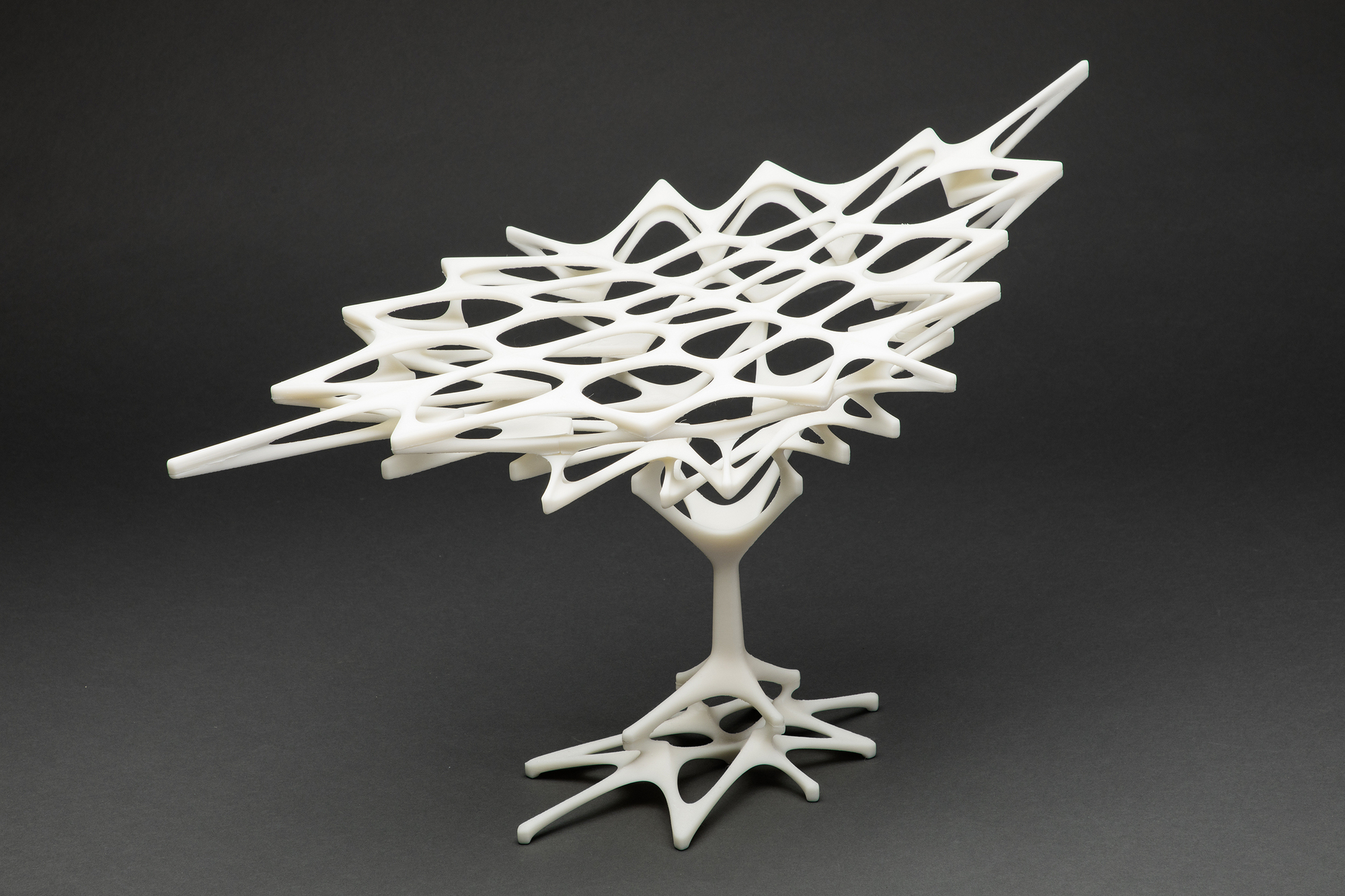 White physical model showing a branching organic roof structure rising from a single tree-like base