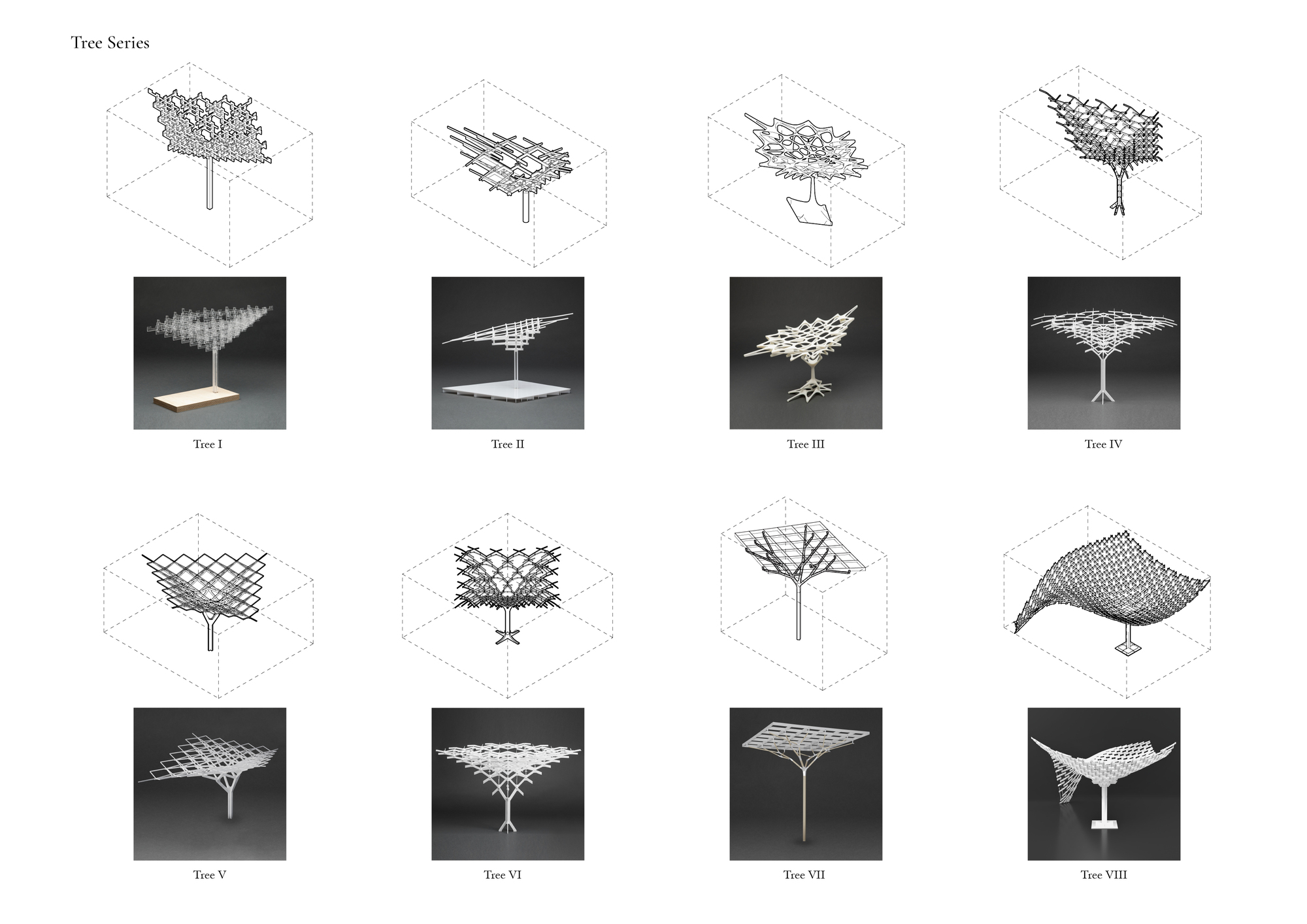 Series of isometric drawings and photographs showing eight variations of tree-inspired timber structures